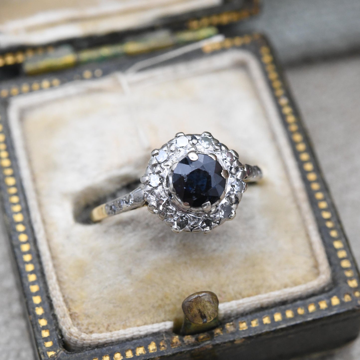 Vintage 18ct Gold Sapphire and Diamond Halo Ring 1992 with Diamond Side Stones -Blue Stone Engagement Ring | UK Size - I 1/2 US Size - 4 1/2
