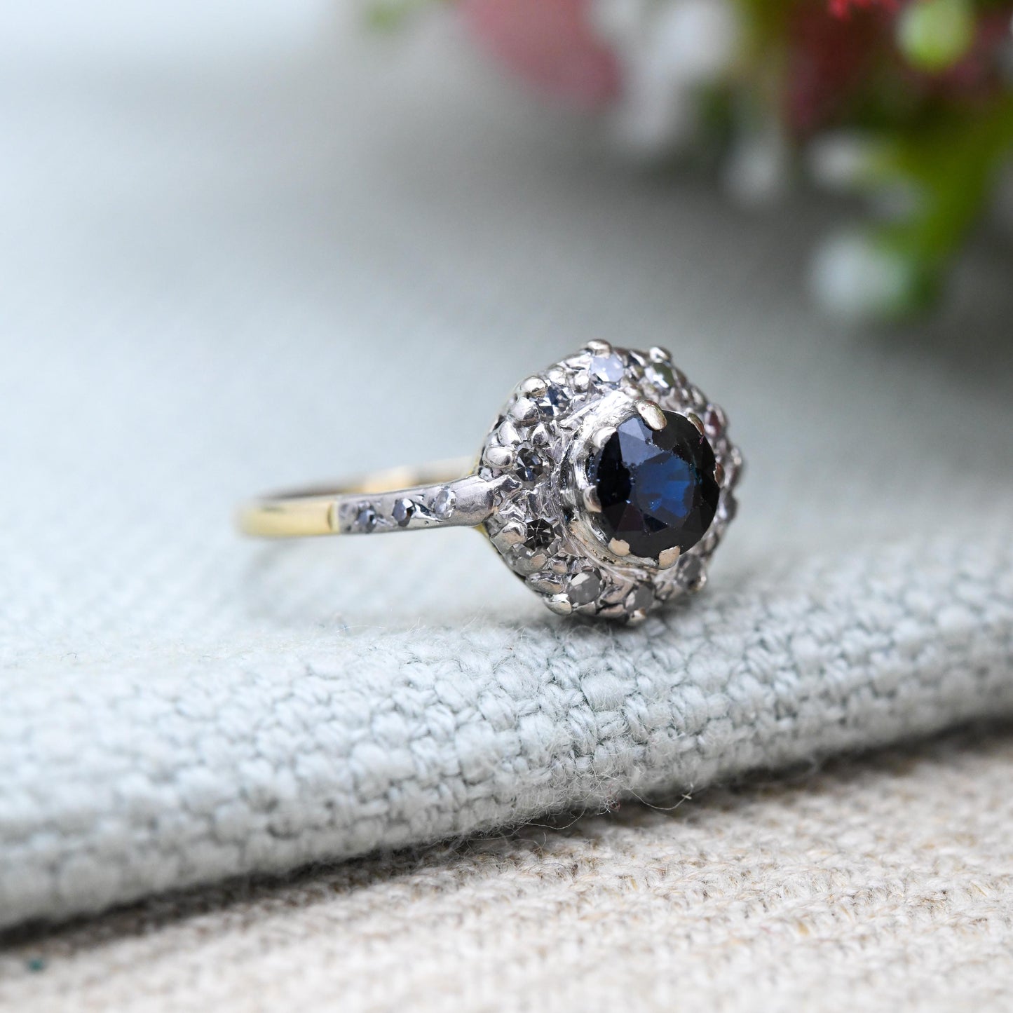 Vintage 18ct Gold Sapphire and Diamond Halo Ring 1992 with Diamond Side Stones -Blue Stone Engagement Ring | UK Size - I 1/2 US Size - 4 1/2