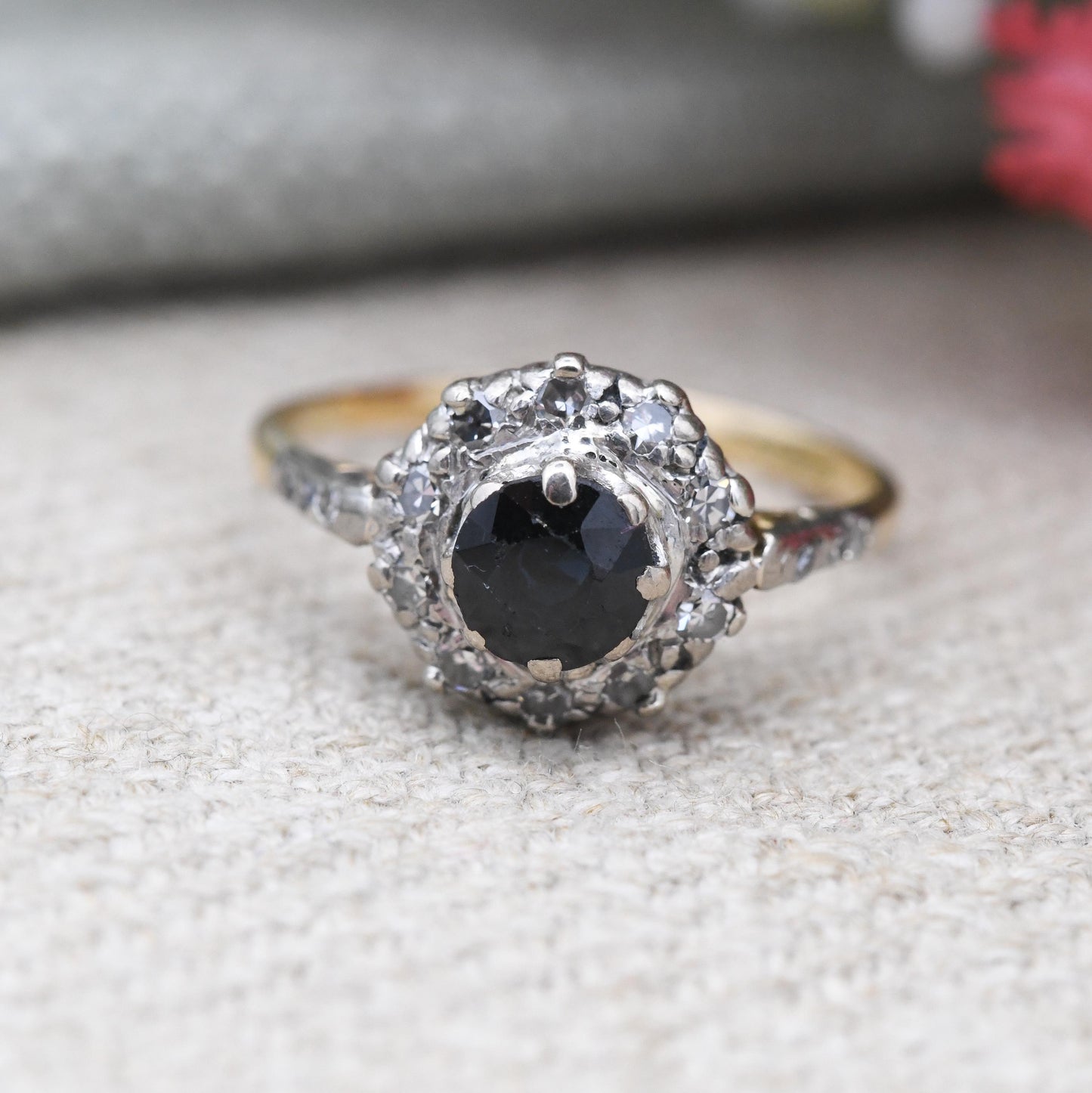 Vintage 18ct Gold Sapphire and Diamond Halo Ring 1992 with Diamond Side Stones -Blue Stone Engagement Ring | UK Size - I 1/2 US Size - 4 1/2