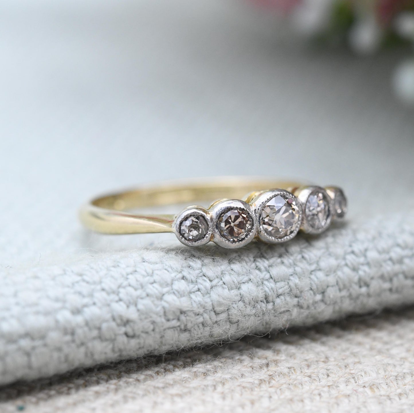 Vintage 18ct Gold Diamond Five Stone Ring 1937 - Graduated Engagement Stacking Ring | Engraved Wedding Date | UK Size - L US Size - 5 3/4