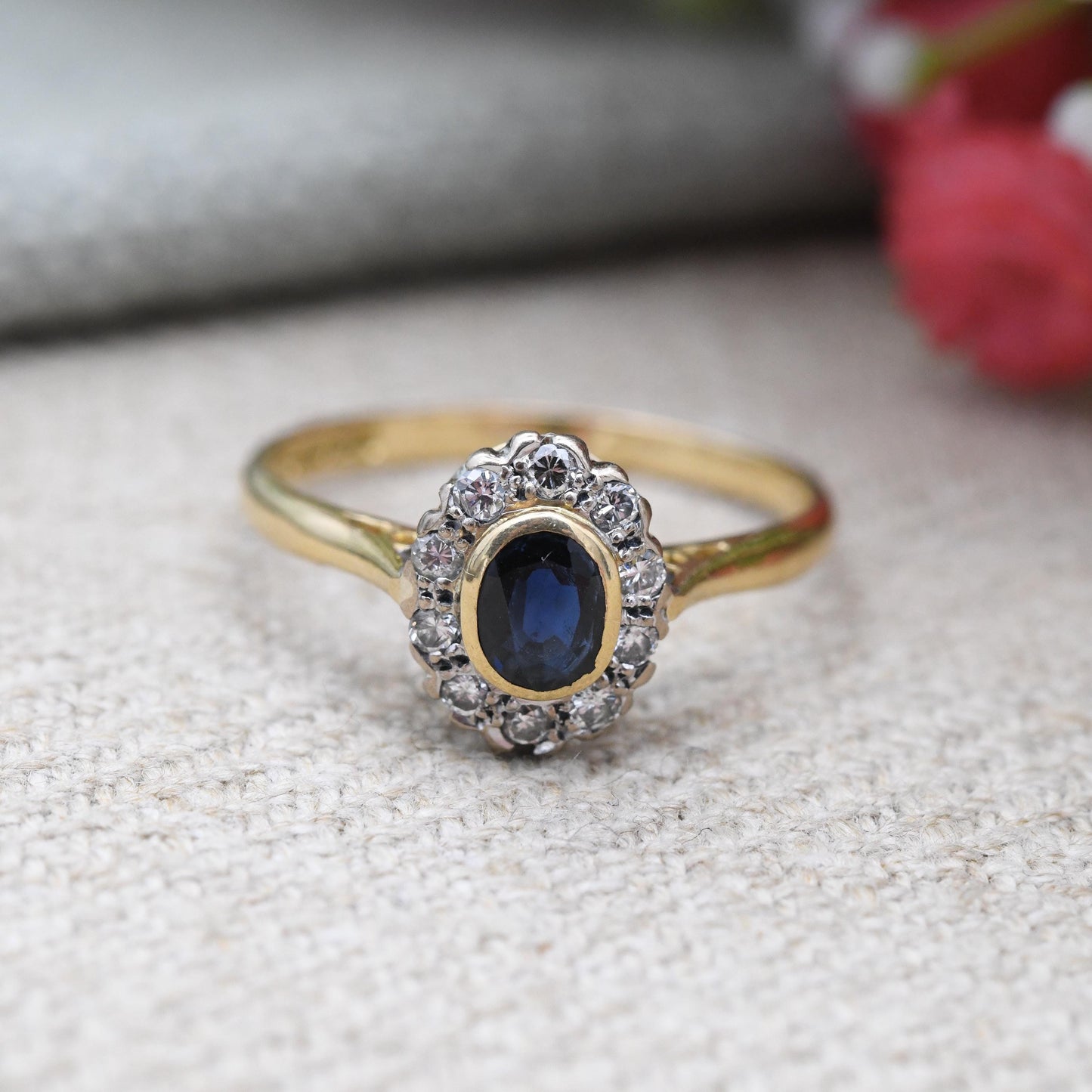 Vintage 18ct Gold Sapphire and Diamond Halo Ring 1986 - Mid-Century Engagement Ring | Oval Blue White Stone | UK Size - M | US Size - 6
