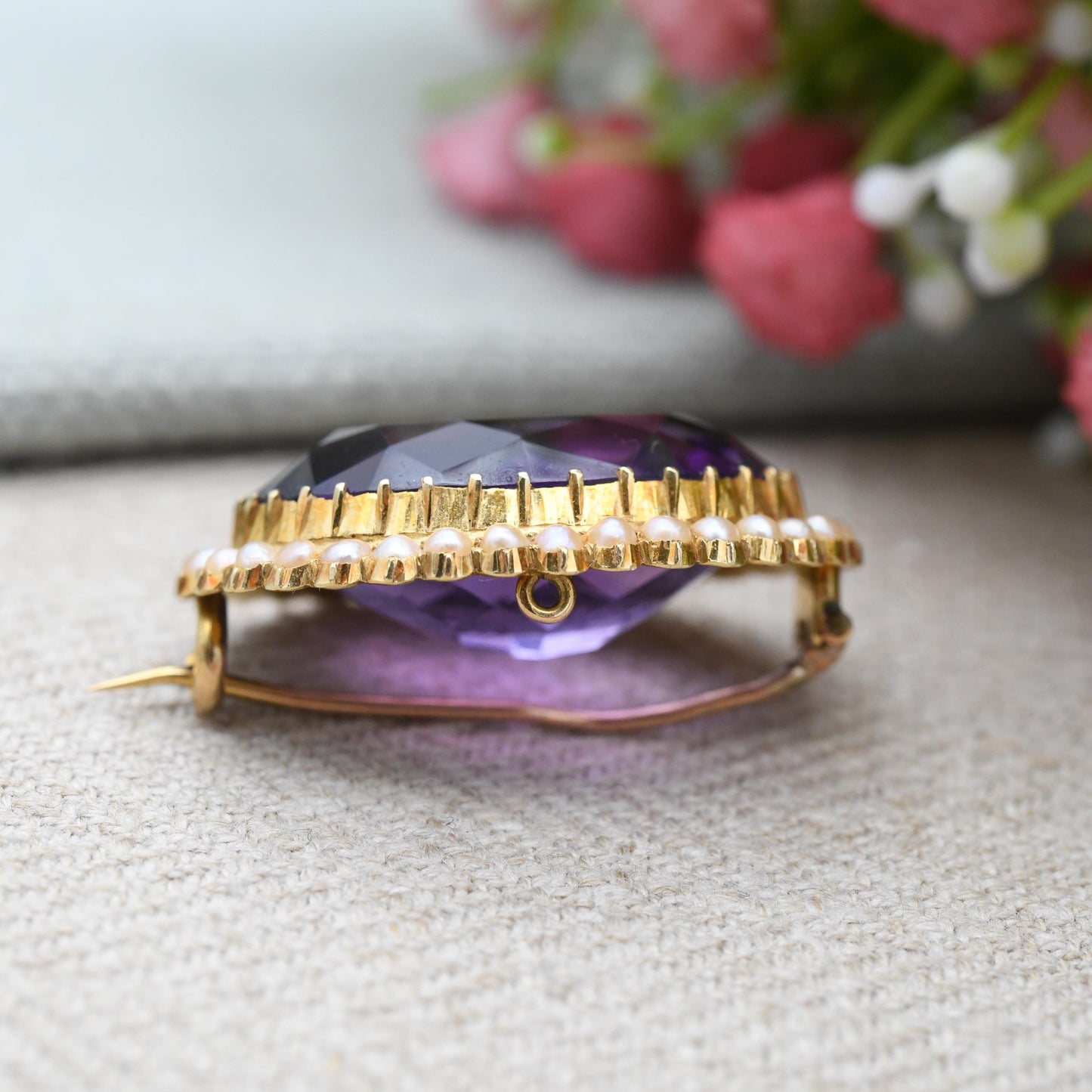 Antique Victorian 15ct Gold Amethyst and Seed Pearl Brooch - Large Faceted Purple Stone | Solid Gold Gemstone Jewellery Gift | Statement Pin