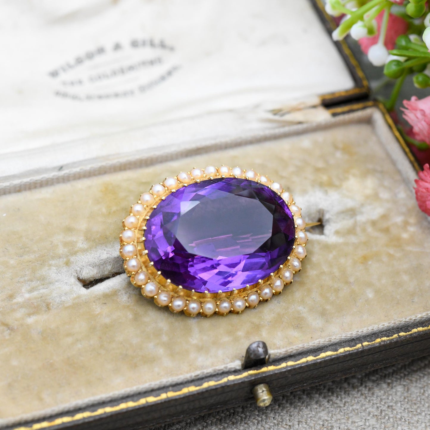 Antique Victorian 15ct Gold Amethyst and Seed Pearl Brooch - Large Faceted Purple Stone | Solid Gold Gemstone Jewellery Gift | Statement Pin