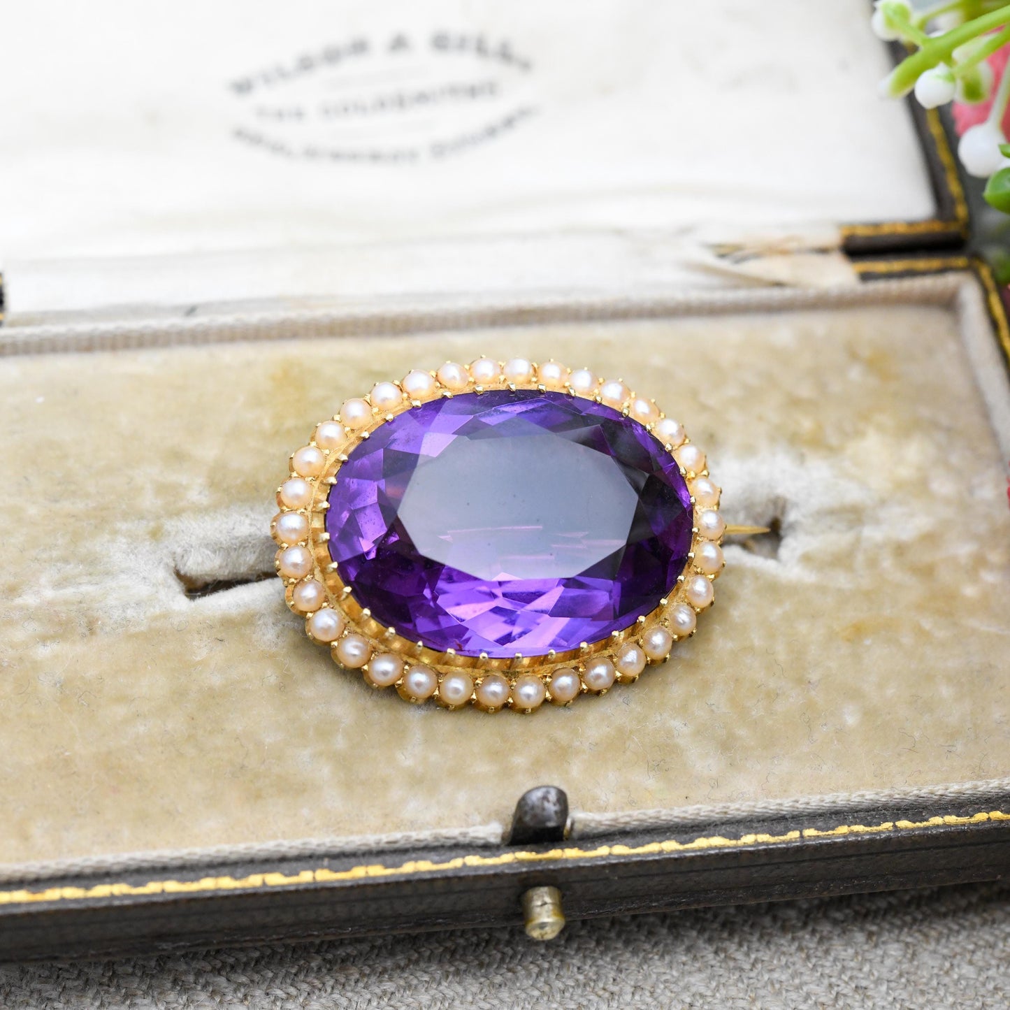 Antique Victorian 15ct Gold Amethyst and Seed Pearl Brooch - Large Faceted Purple Stone | Solid Gold Gemstone Jewellery Gift | Statement Pin