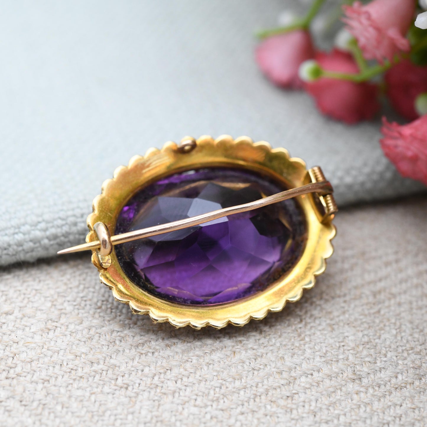 Antique Victorian 15ct Gold Amethyst and Seed Pearl Brooch - Large Faceted Purple Stone | Solid Gold Gemstone Jewellery Gift | Statement Pin