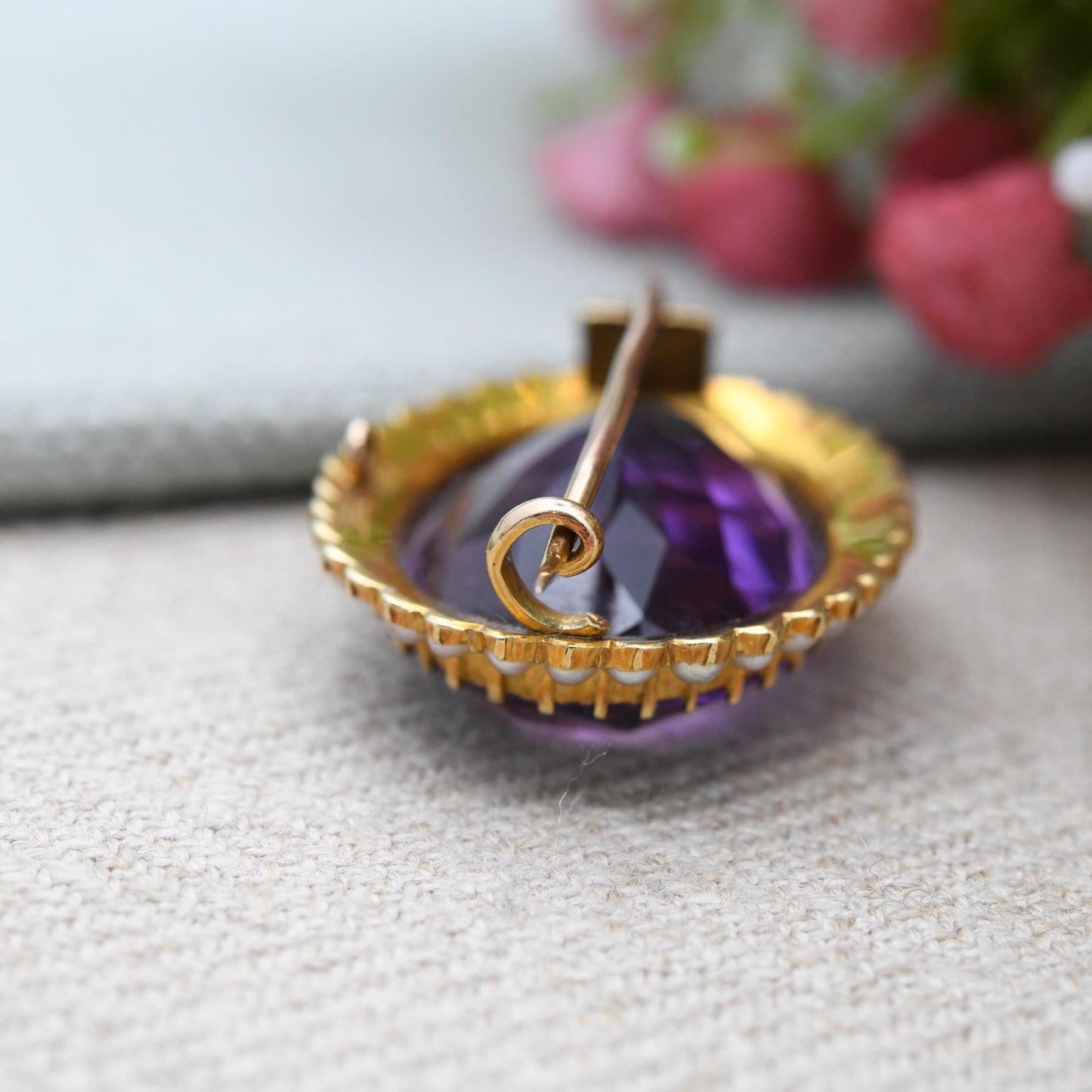 Antique Victorian 15ct Gold Amethyst and Seed Pearl Brooch - Large Faceted Purple Stone | Solid Gold Gemstone Jewellery Gift | Statement Pin