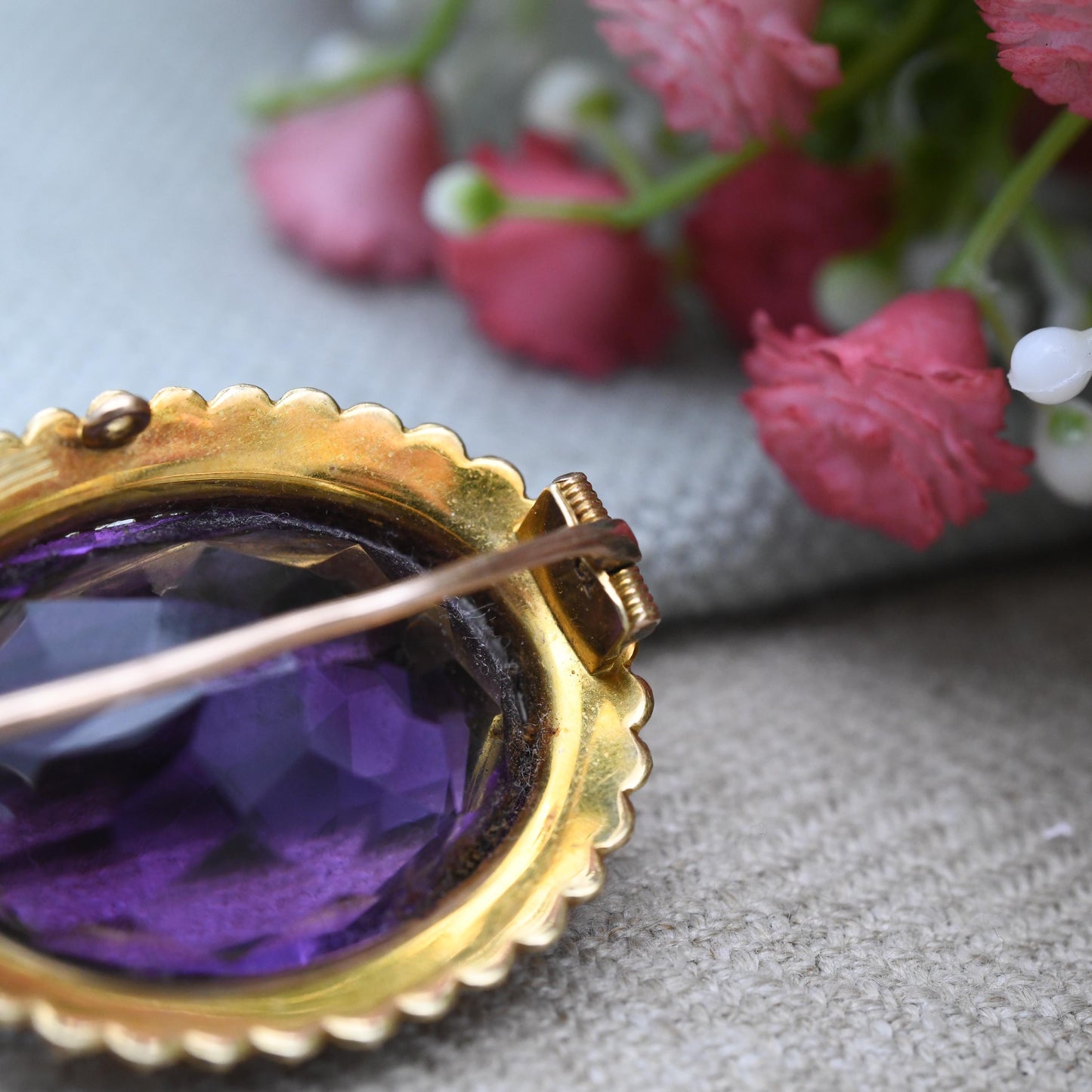 Antique Victorian 15ct Gold Amethyst and Seed Pearl Brooch - Large Faceted Purple Stone | Solid Gold Gemstone Jewellery Gift | Statement Pin