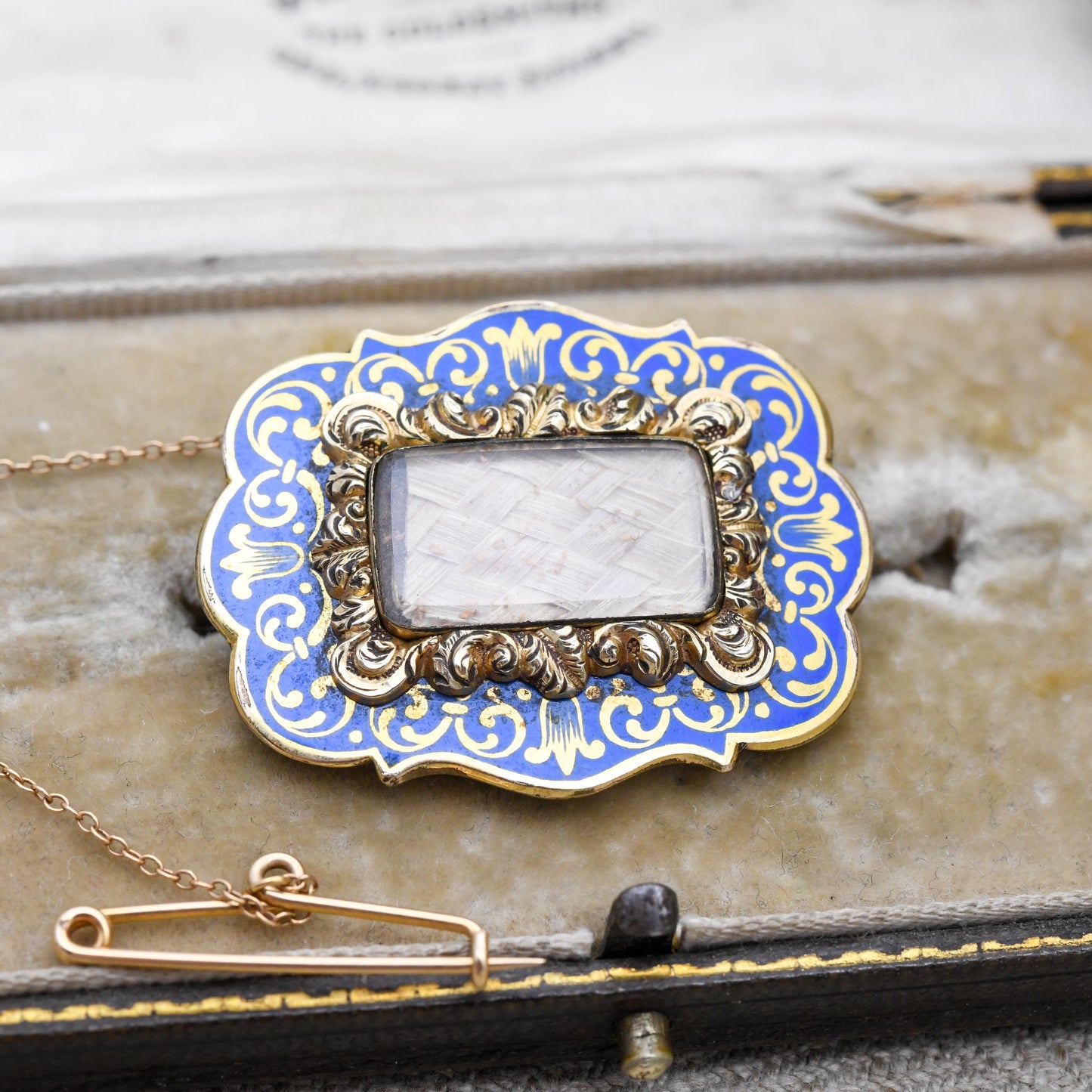 Antique Rolled Gold Hairwork Mourning Brooch with Blue Enamel - Scrolling Floral Design | Light Blue Border | Statement Victorian Jewellery