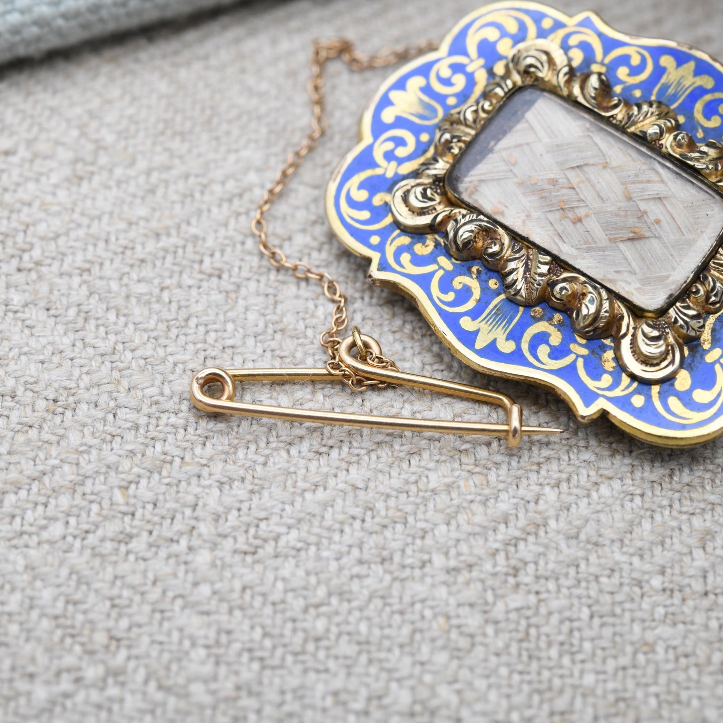 Antique Rolled Gold Hairwork Mourning Brooch with Blue Enamel - Scrolling Floral Design | Light Blue Border | Statement Victorian Jewellery