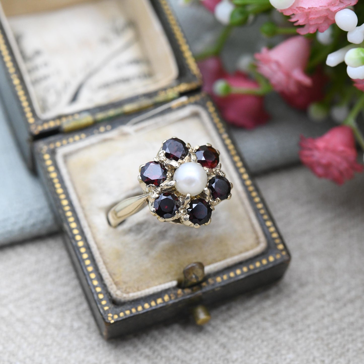 Vintage 9ct Gold Garnet Pearl Cluster Ring 1959 Slade and Kempton S&K - Mid-Century Statement Floral Ring | UK Size - O | US Size - 7 1/4