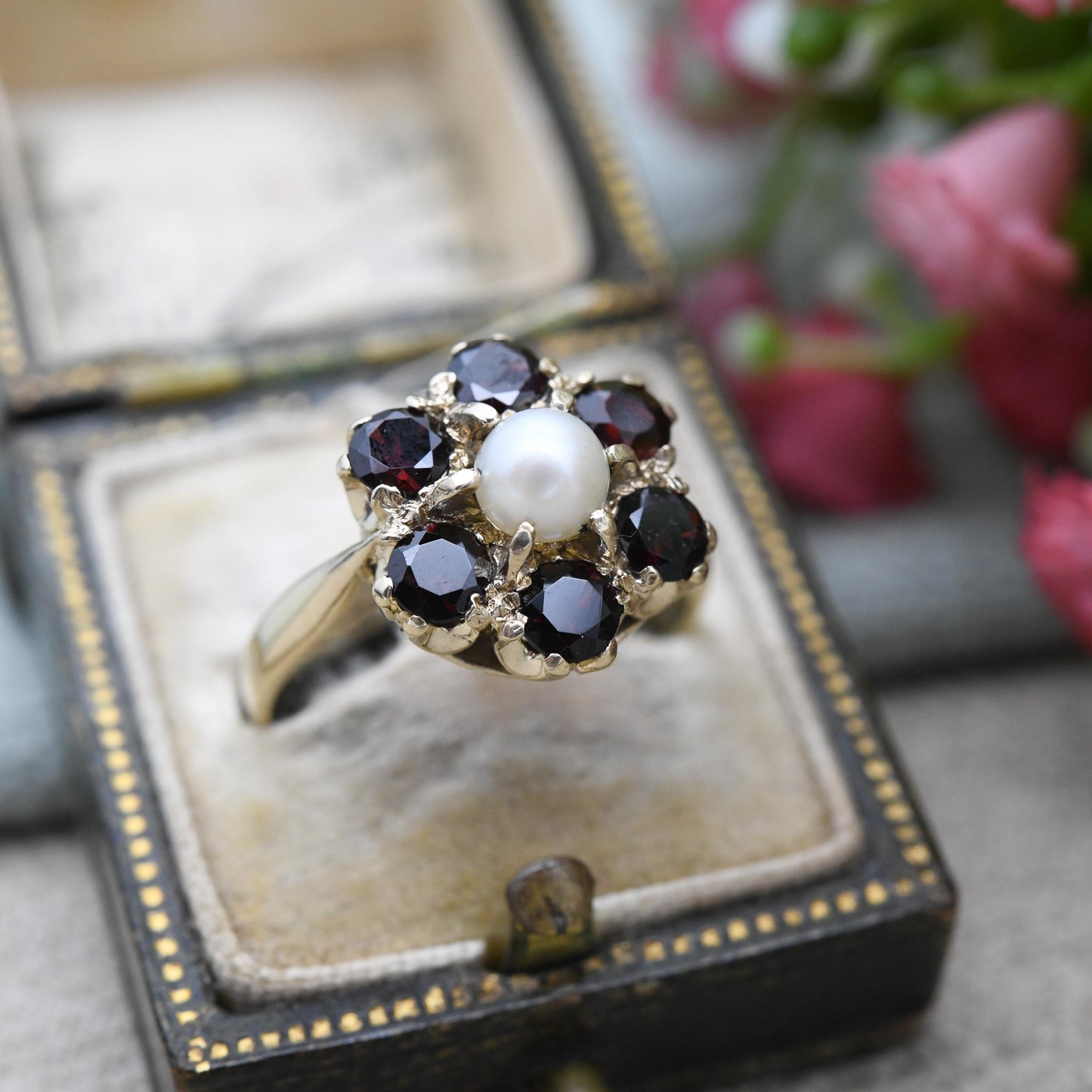 Vintage 9ct Gold Garnet Pearl Cluster Ring 1959 Slade and Kempton S&K - Mid-Century Statement Floral Ring | UK Size - O | US Size - 7 1/4