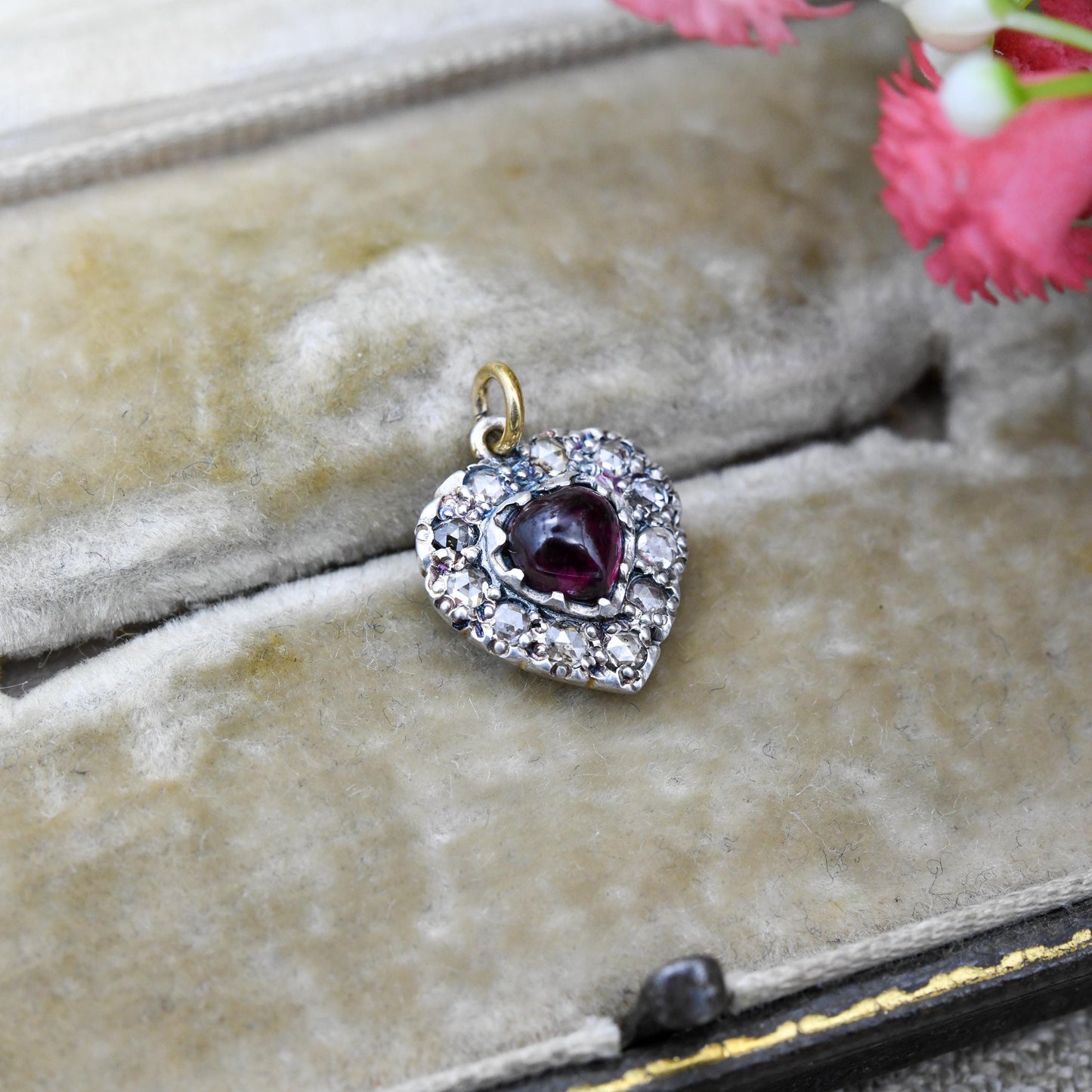 Antique Victorian Diamond and Garnet Heart Pendant Silver and Gold - Rose Cut Diamonds Cabochon Garnet Love Heart Charm Necklace Stack Gift