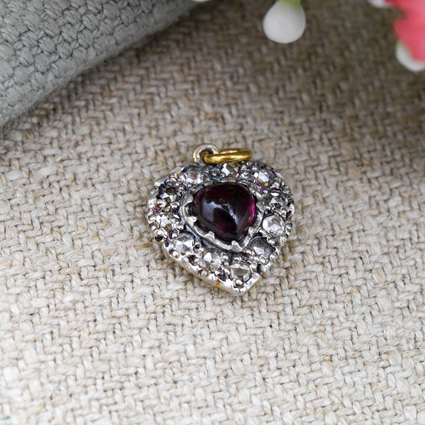 Antique Victorian Diamond and Garnet Heart Pendant Silver and Gold - Rose Cut Diamonds Cabochon Garnet Love Heart Charm Necklace Stack Gift