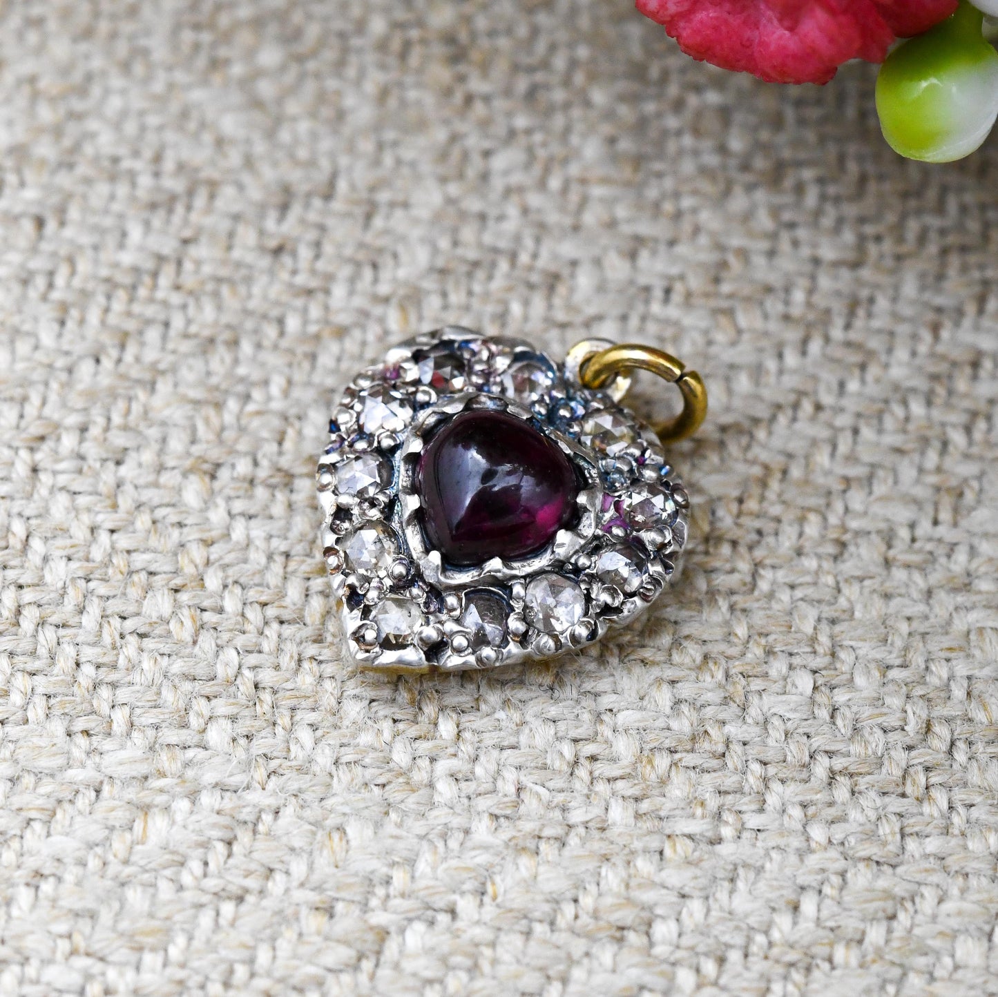 Antique Victorian Diamond and Garnet Heart Pendant Silver and Gold - Rose Cut Diamonds Cabochon Garnet Love Heart Charm Necklace Stack Gift