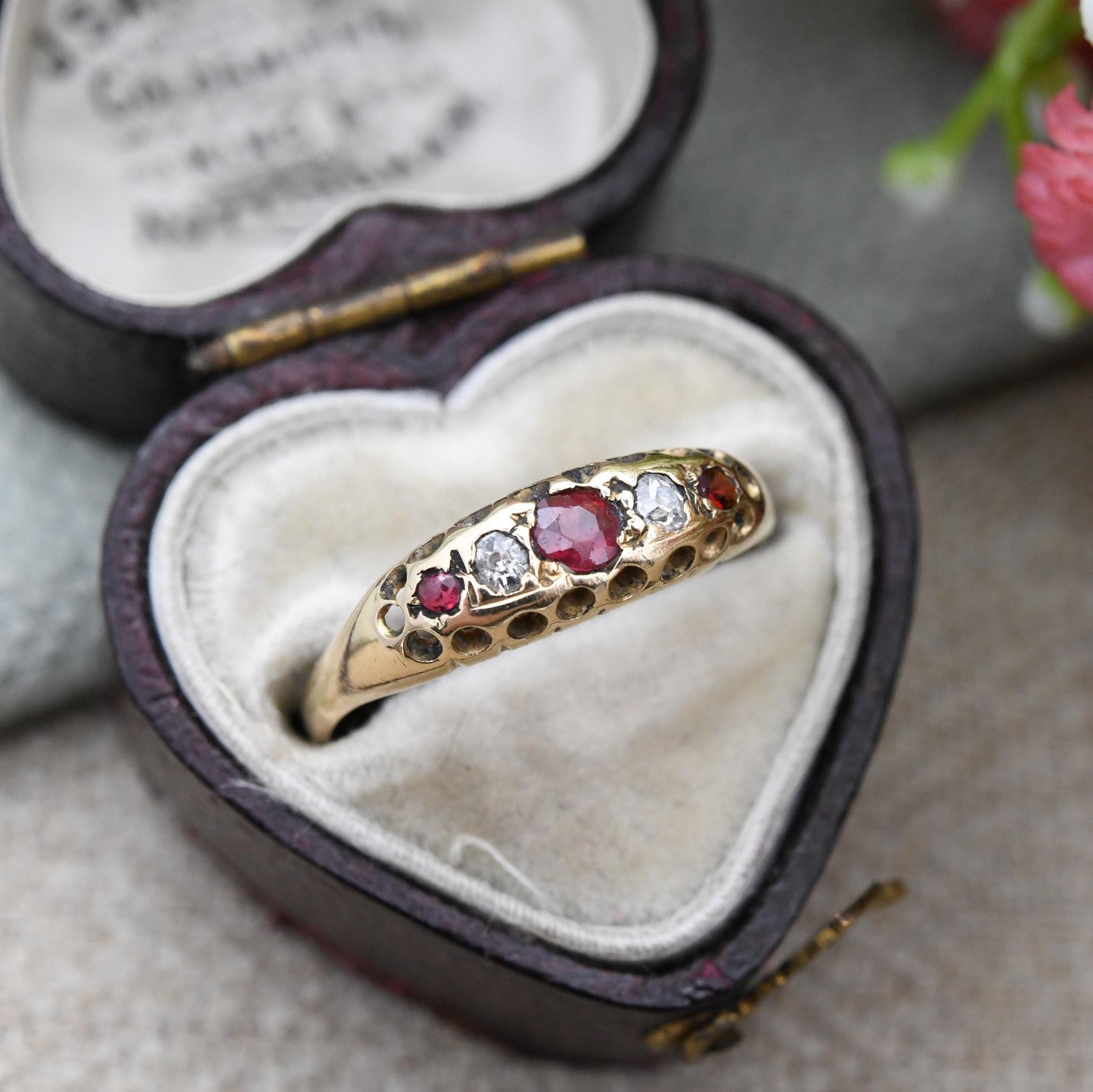 Antique 18ct Gold Boat Ring with Diamonds and Red Stones c. 1900 - Pretty Five Stone Ring | Anniversary Gift | UK Size - M | US Size - 6 1/4