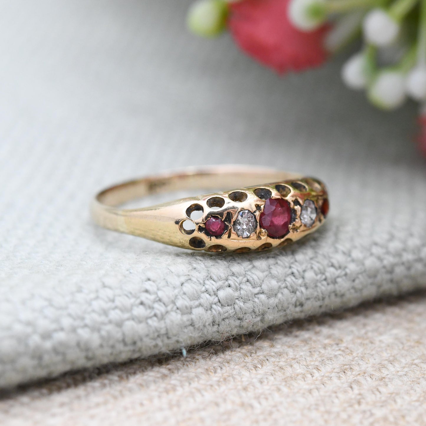 Antique 18ct Gold Boat Ring with Diamonds and Red Stones c. 1900 - Pretty Five Stone Ring | Anniversary Gift | UK Size - M | US Size - 6 1/4