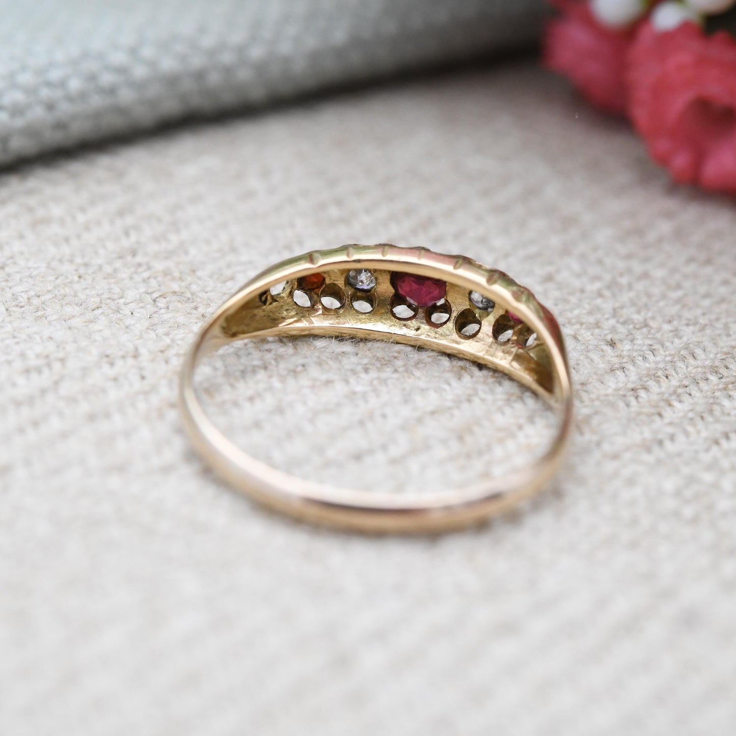 Antique 18ct Gold Boat Ring with Diamonds and Red Stones c. 1900 - Pretty Five Stone Ring | Anniversary Gift | UK Size - M | US Size - 6 1/4