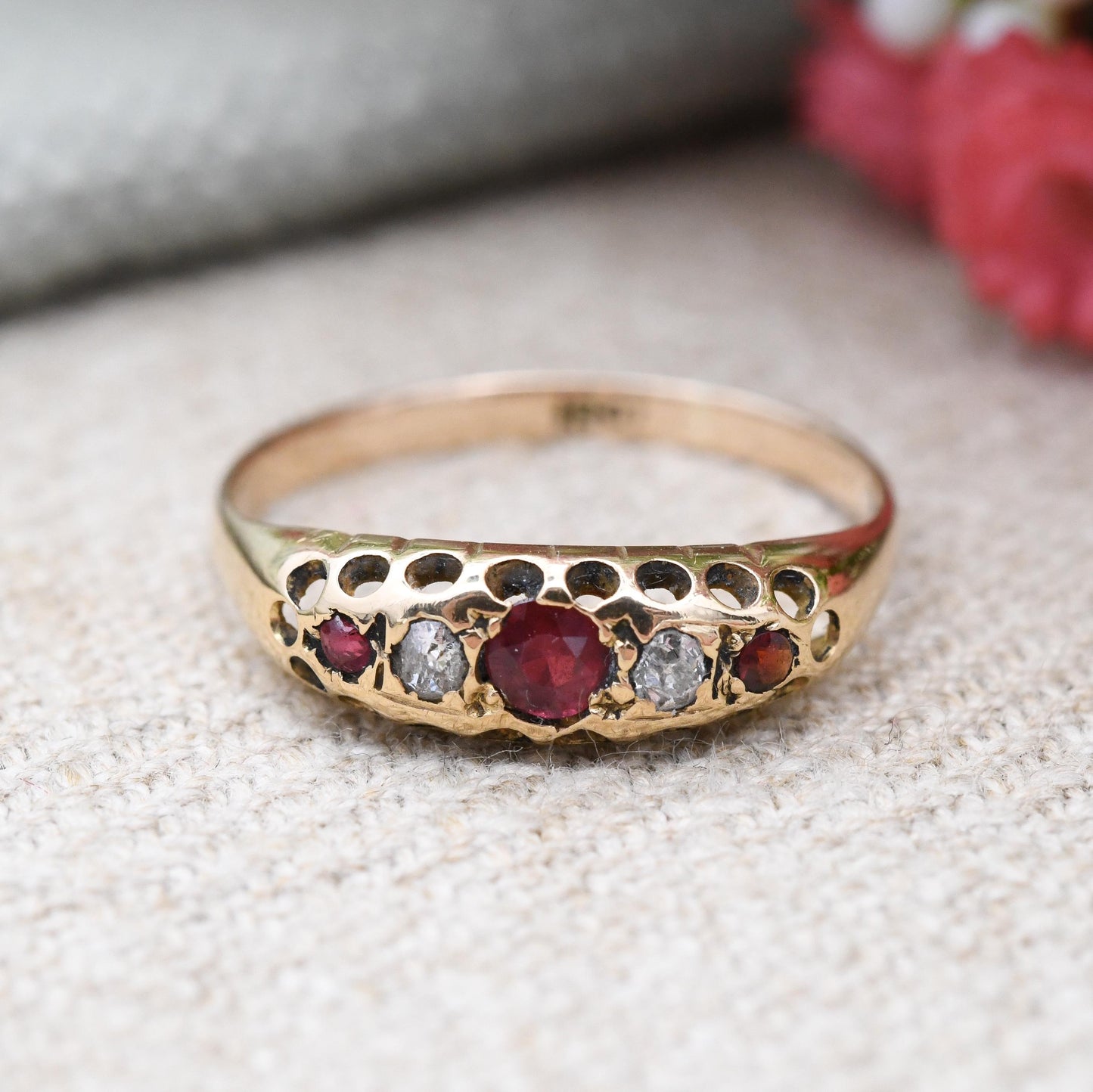 Antique 18ct Gold Boat Ring with Diamonds and Red Stones c. 1900 - Pretty Five Stone Ring | Anniversary Gift | UK Size - M | US Size - 6 1/4