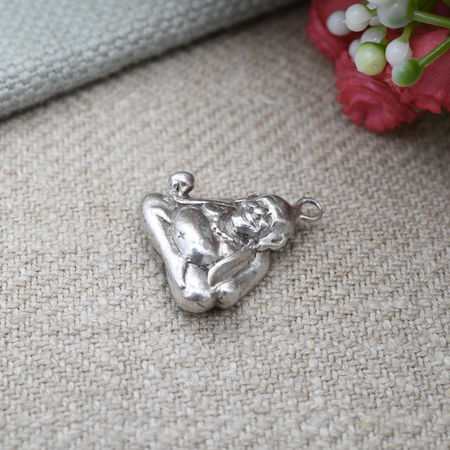 Vintage Sterling Silver Laughing Buddha Pendant Hotei - Repoussé Silver 3D | Good Luck Charm Symbol of Fortune | for Charm Necklace
