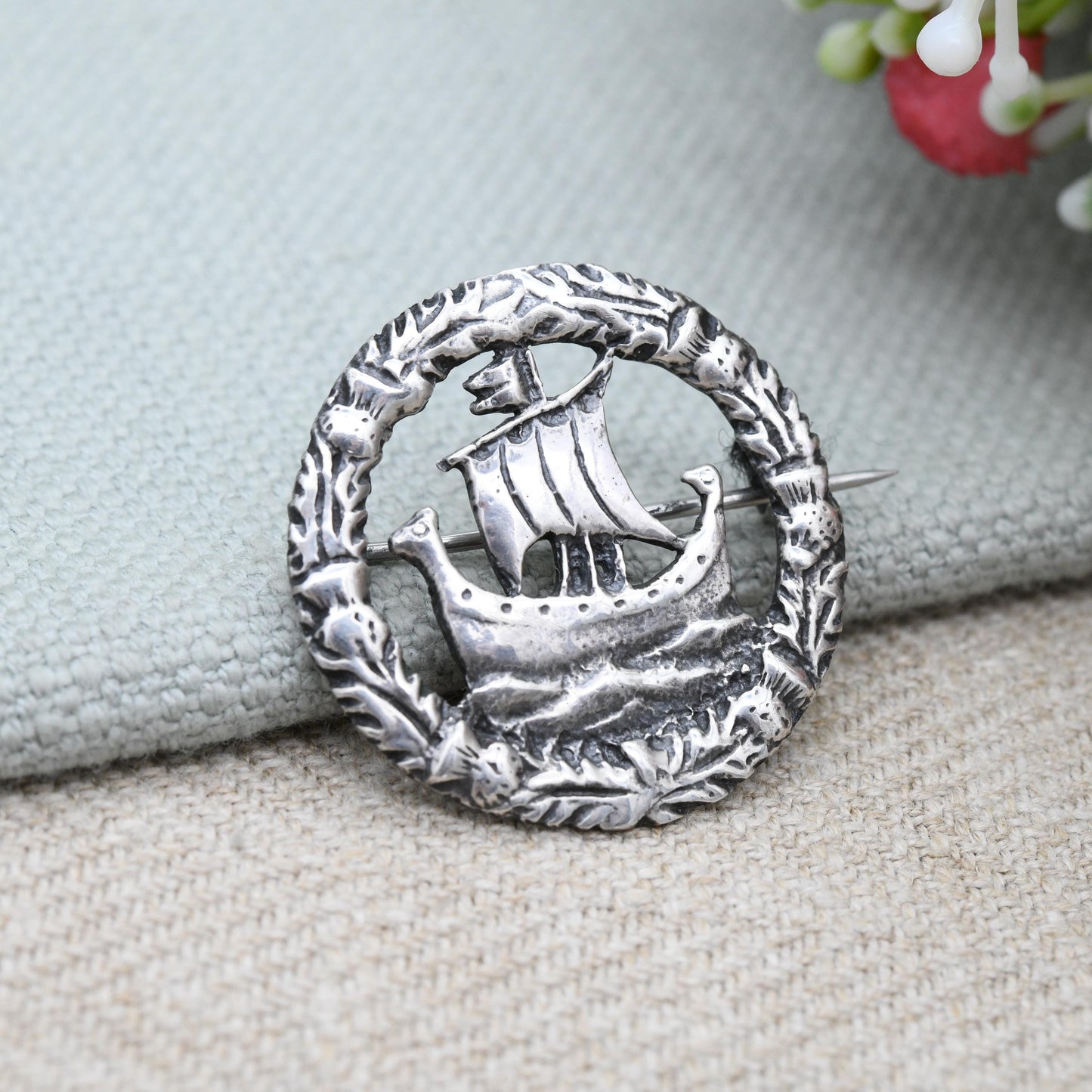 Vintage Scottish Sterling Silver Sailing Ship Brooch c. 1950s - Figural Sailing Ship in Thistle Border | Unisex Celtic Jewellery Gift