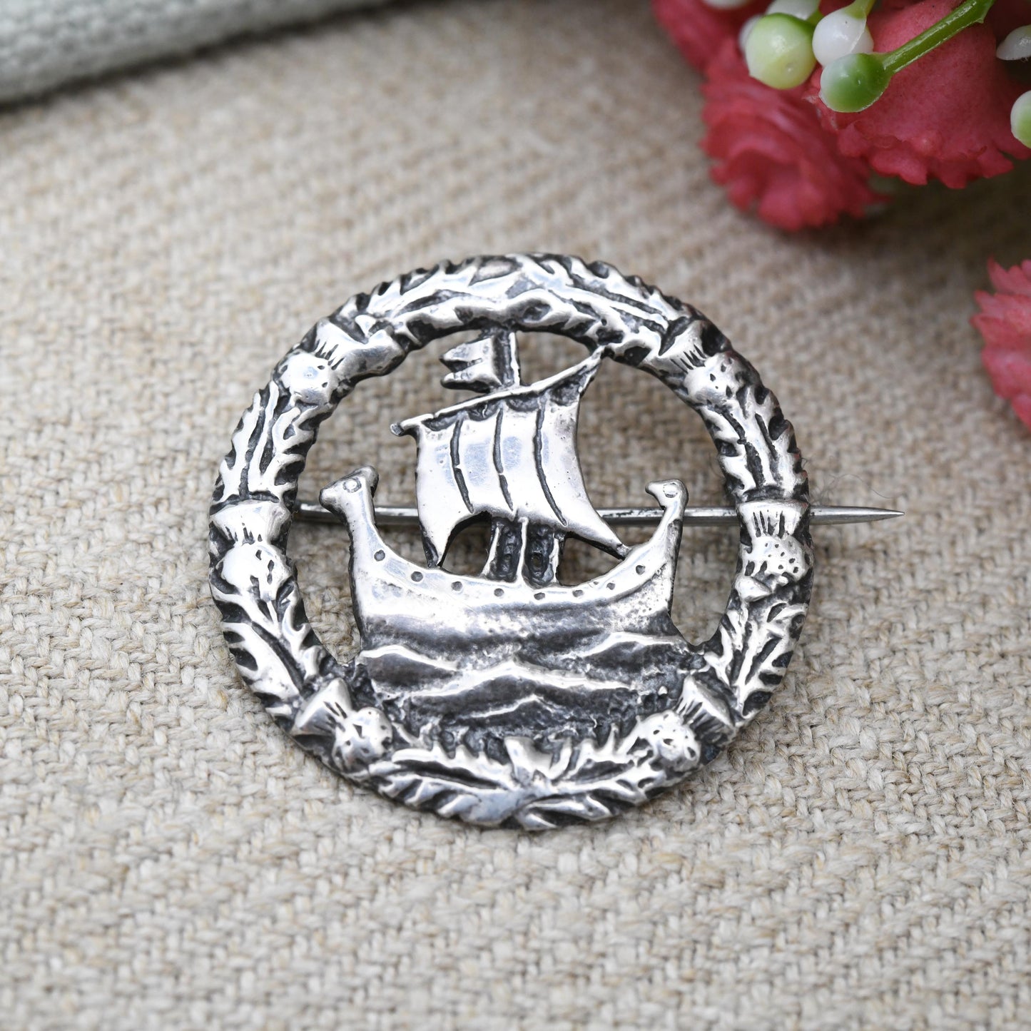 Vintage Scottish Sterling Silver Sailing Ship Brooch c. 1950s - Figural Sailing Ship in Thistle Border | Unisex Celtic Jewellery Gift