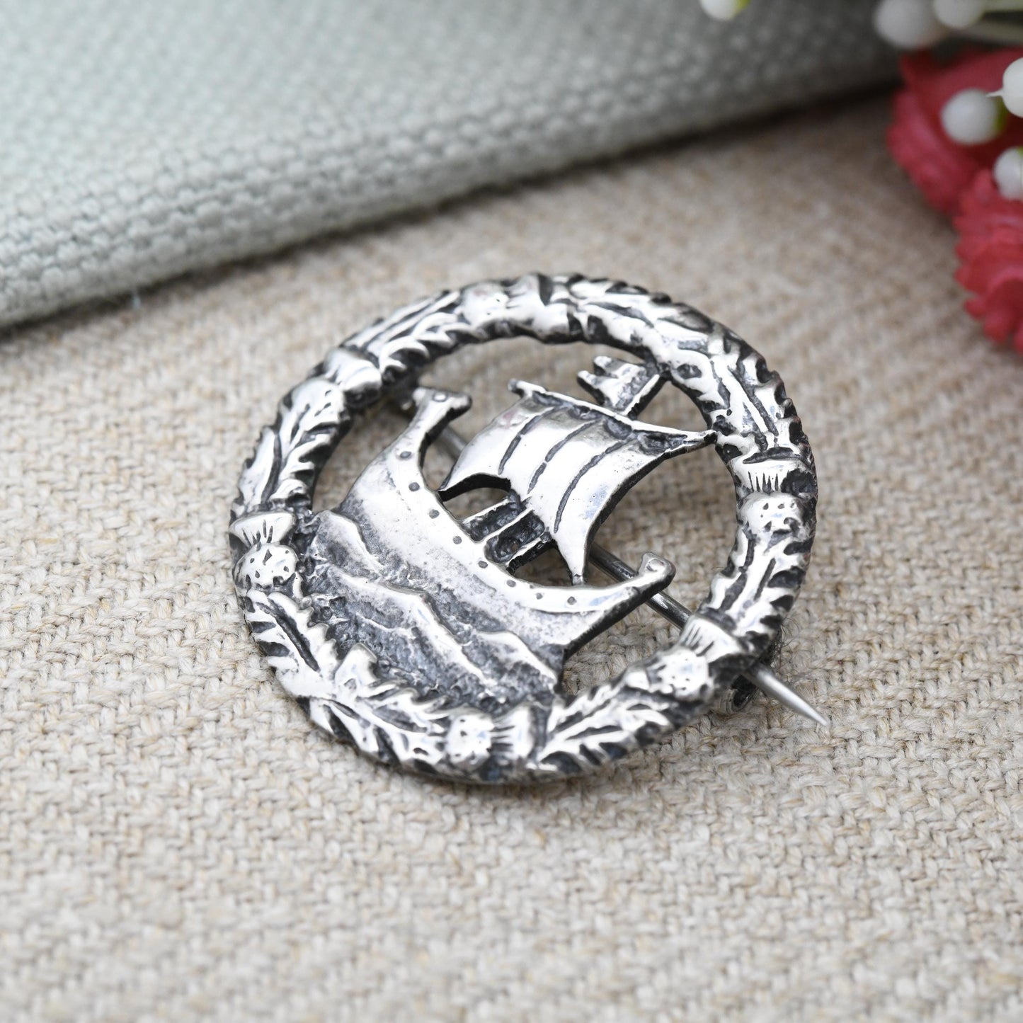 Vintage Scottish Sterling Silver Sailing Ship Brooch c. 1950s - Figural Sailing Ship in Thistle Border | Unisex Celtic Jewellery Gift