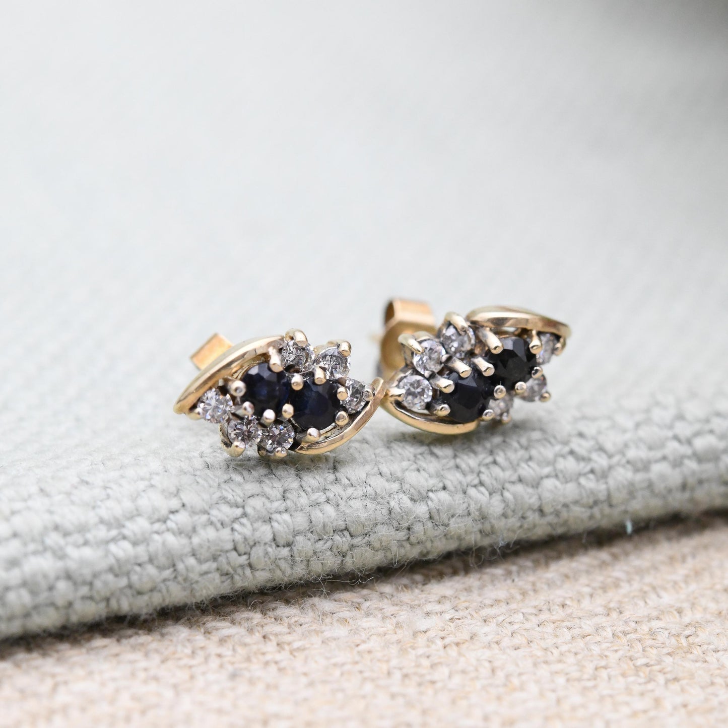 Vintage 9ct Gold Sapphire and Clear Stone Stud Earrings c. 1980s - Blue Gemstone Cluster Studs with Butterfly Backs | Solid Yellow Gold