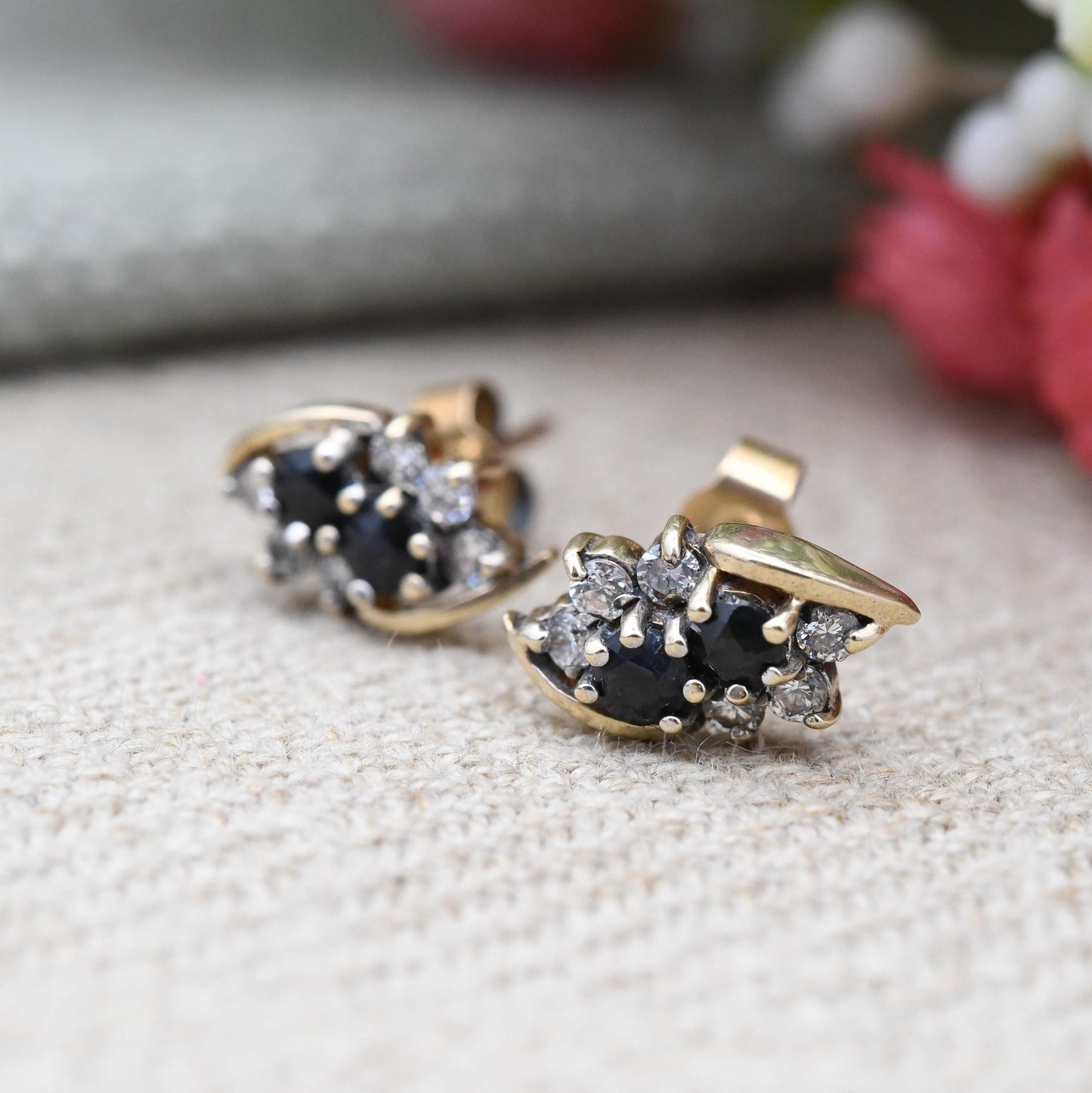 Vintage 9ct Gold Sapphire and Clear Stone Stud Earrings c. 1980s - Blue Gemstone Cluster Studs with Butterfly Backs | Solid Yellow Gold