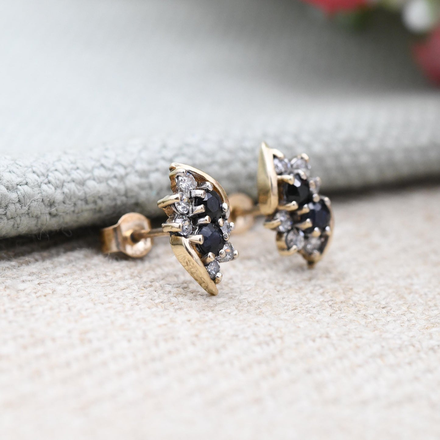 Vintage 9ct Gold Sapphire and Clear Stone Stud Earrings c. 1980s - Blue Gemstone Cluster Studs with Butterfly Backs | Solid Yellow Gold