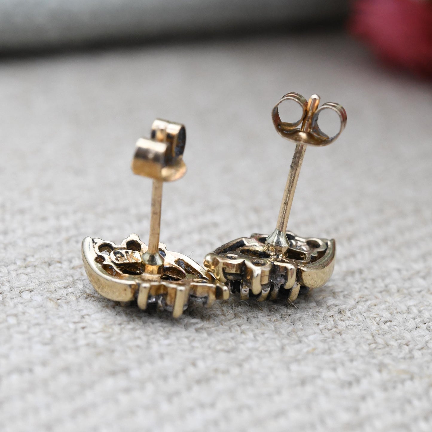 Vintage 9ct Gold Sapphire and Clear Stone Stud Earrings c. 1980s - Blue Gemstone Cluster Studs with Butterfly Backs | Solid Yellow Gold