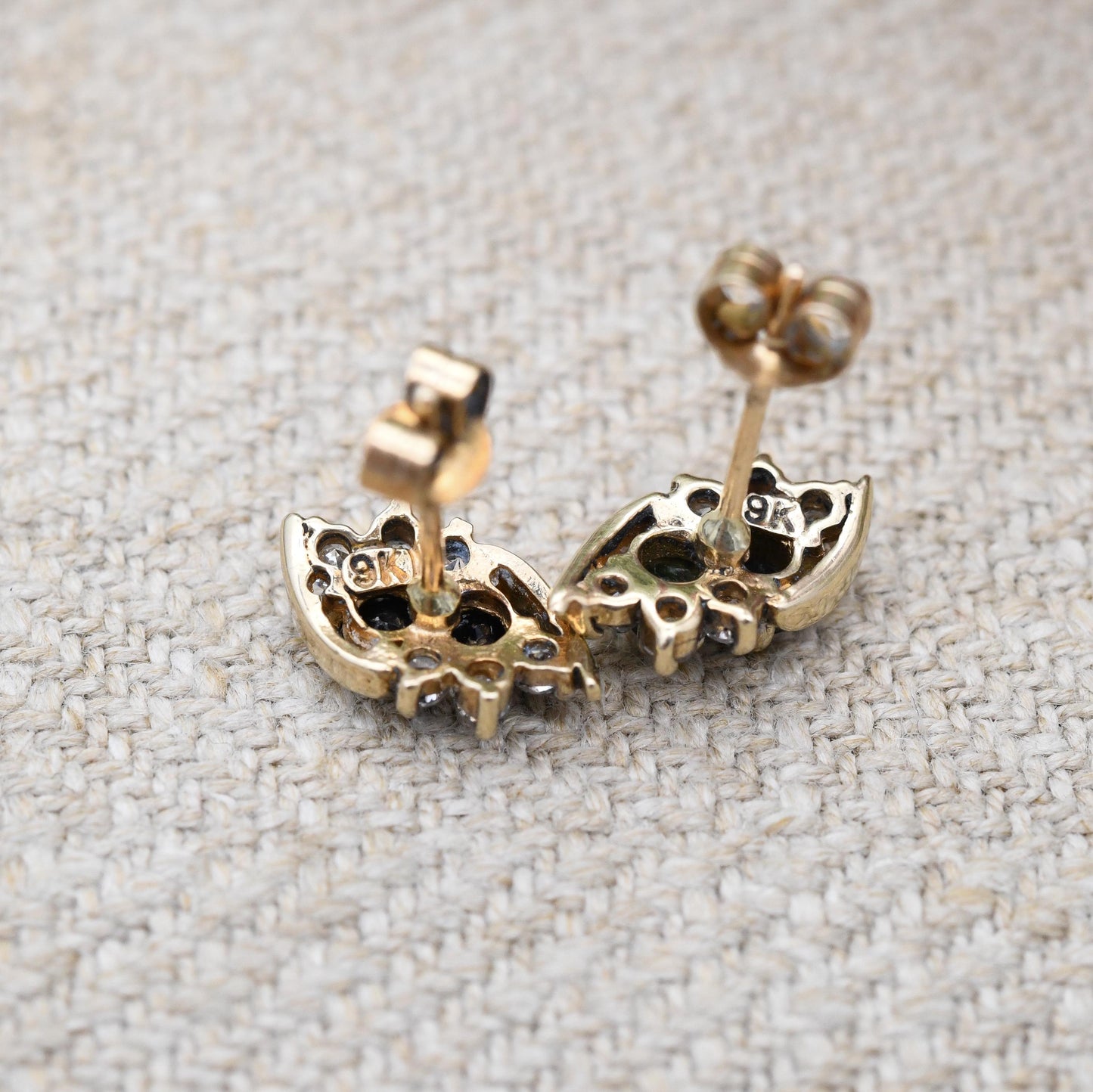 Vintage 9ct Gold Sapphire and Clear Stone Stud Earrings c. 1980s - Blue Gemstone Cluster Studs with Butterfly Backs | Solid Yellow Gold
