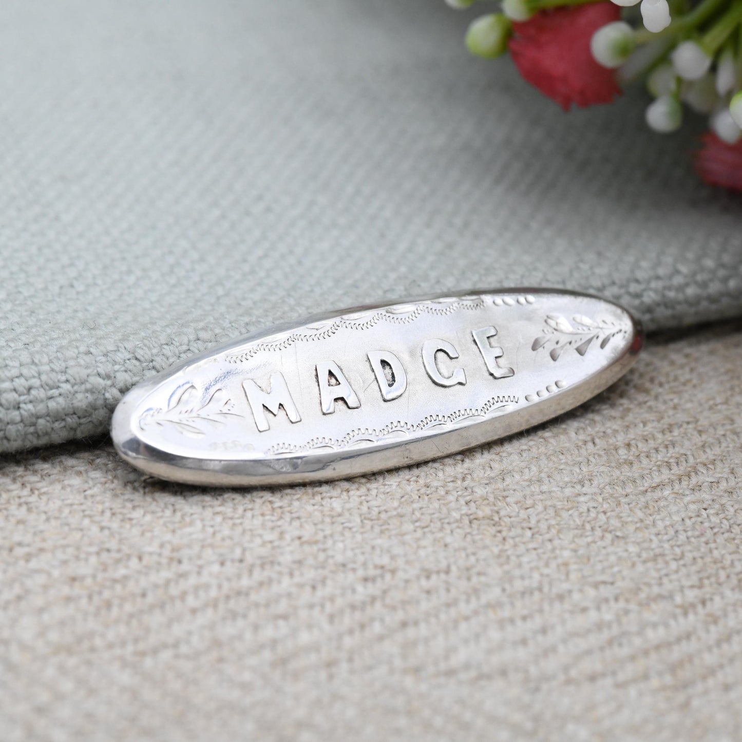Antique Sterling Silver Madge Name Brooch 1904 Edwardian by Ward Brothers WBs - Personalised Sentimental Name Jewellery | Chester Hallmarks