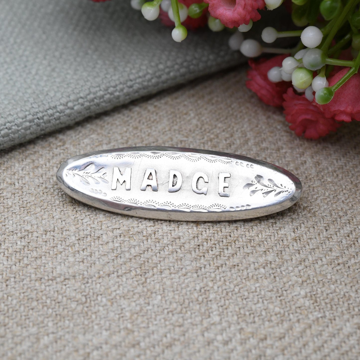 Antique Sterling Silver Madge Name Brooch 1904 Edwardian by Ward Brothers WBs - Personalised Sentimental Name Jewellery | Chester Hallmarks