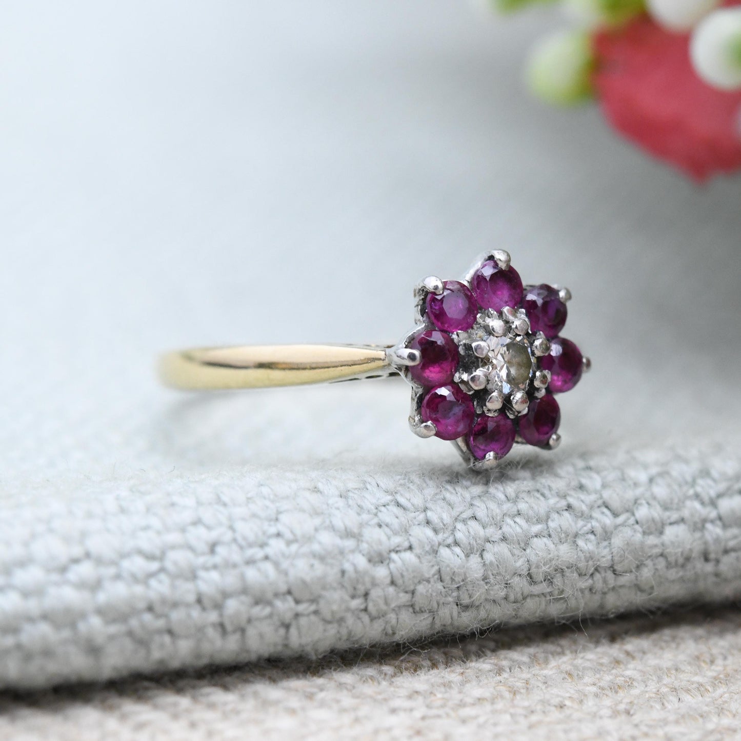 Antique 18ct Gold and Platinum Ruby and Diamond Floral Cluster Ring - Pretty Flower Halo | Anniversary Gift | UK Size - L | US Size - 5 3/4