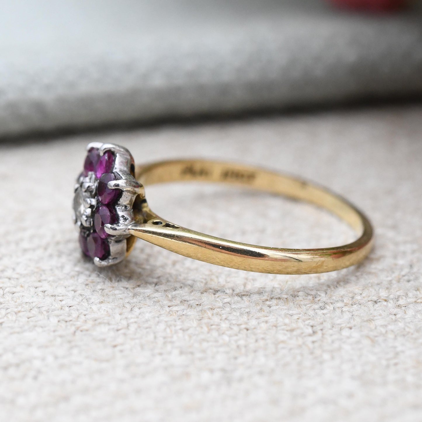 Antique 18ct Gold and Platinum Ruby and Diamond Floral Cluster Ring - Pretty Flower Halo | Anniversary Gift | UK Size - L | US Size - 5 3/4