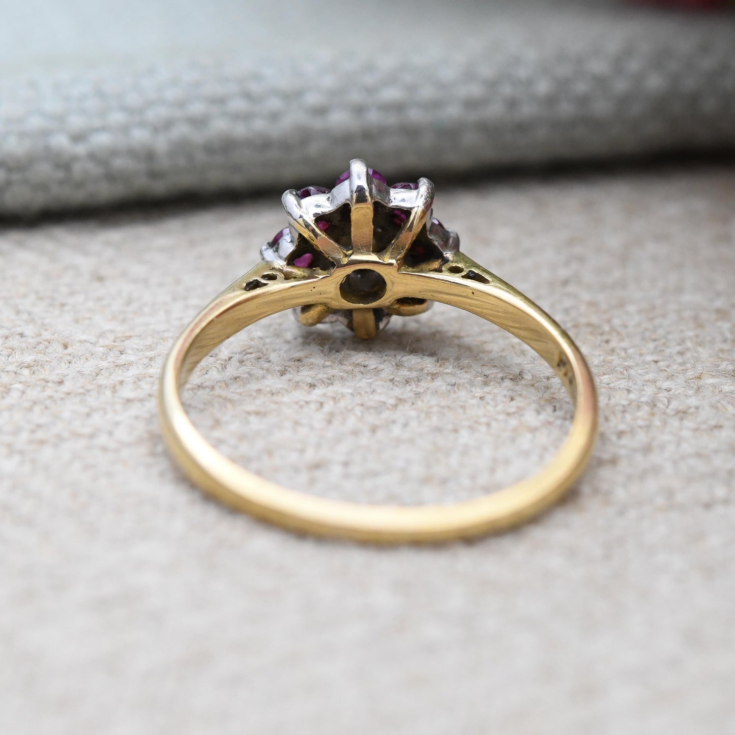 Antique 18ct Gold and Platinum Ruby and Diamond Floral Cluster Ring - Pretty Flower Halo | Anniversary Gift | UK Size - L | US Size - 5 3/4