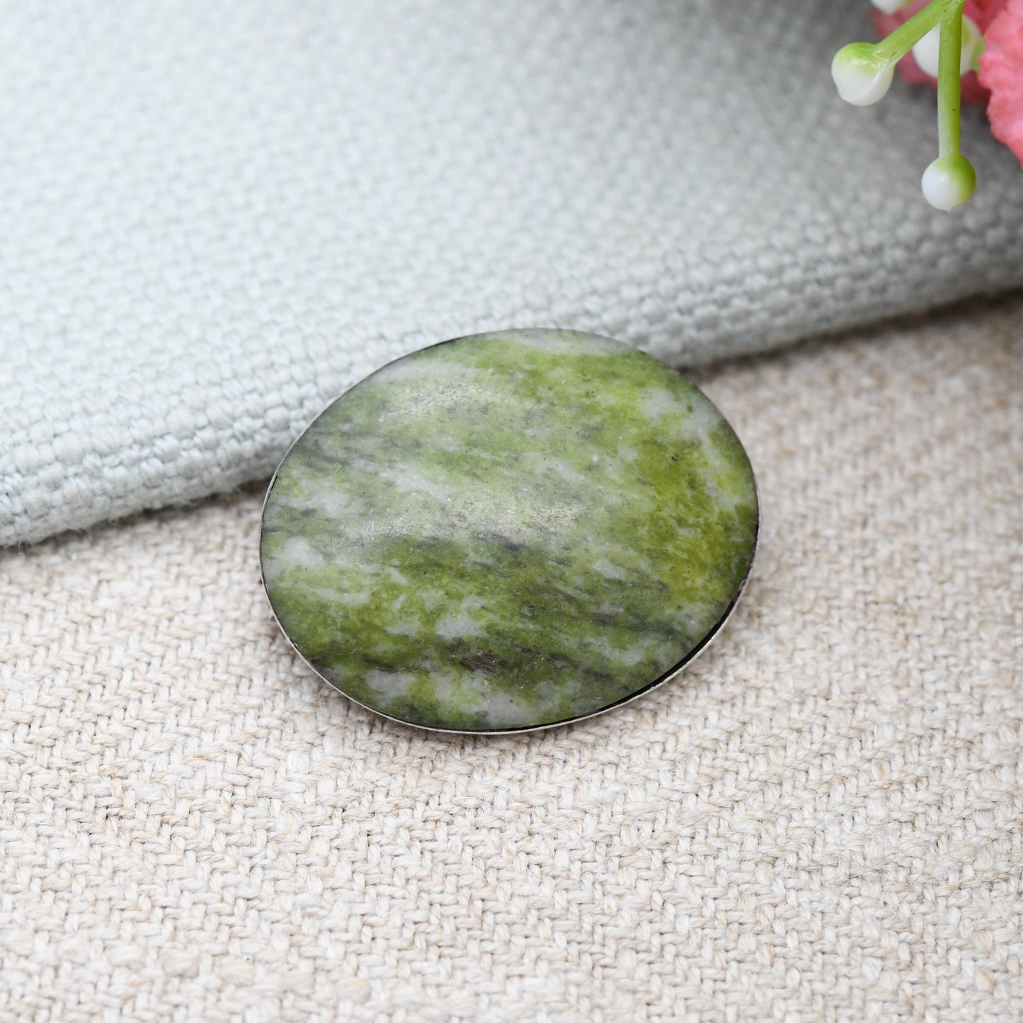 Antique Sterling Silver Green Marble Brooch c 1920s - Mottled Green Hard Stone | Understated Oval Cabochon Gemstone Jewellery