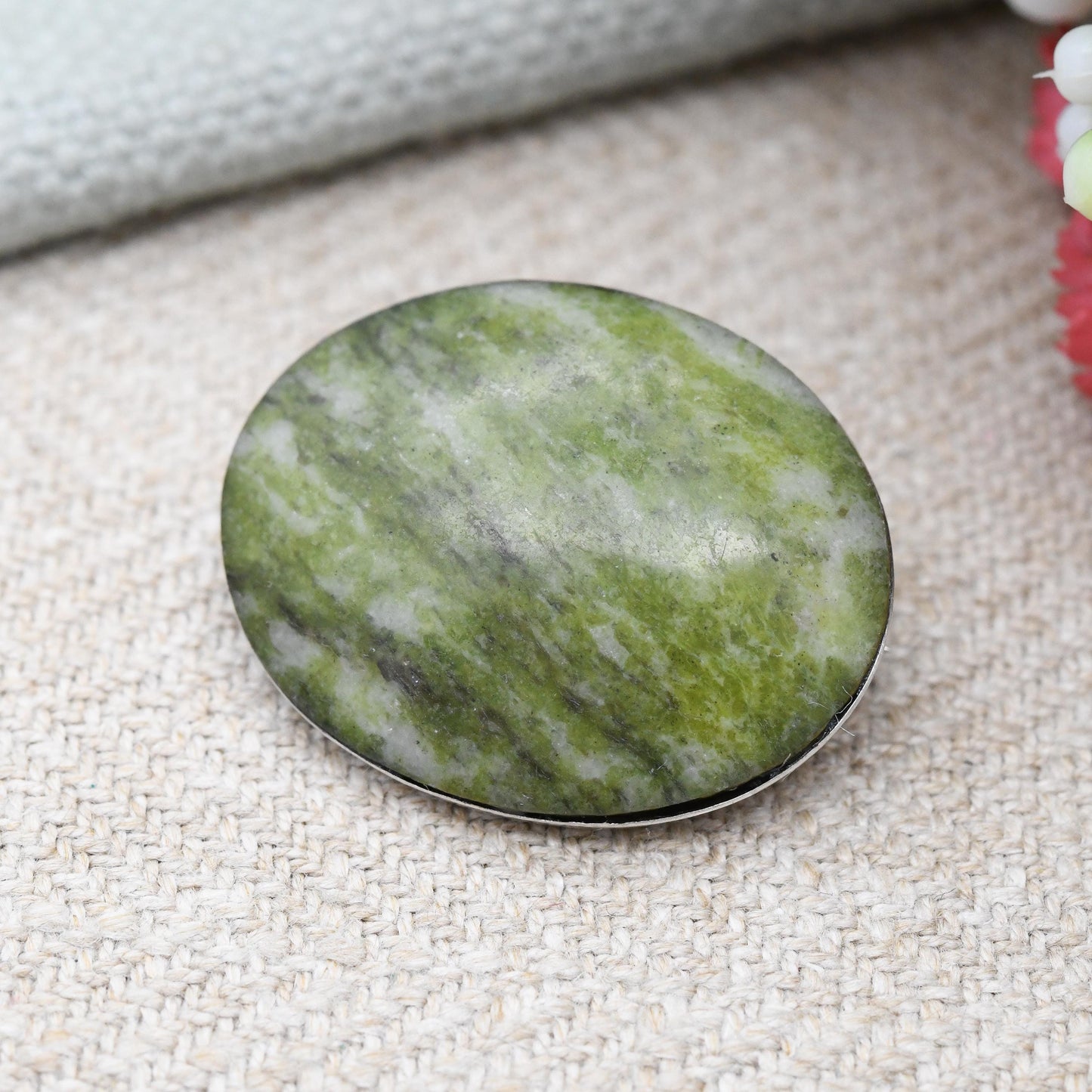 Antique Sterling Silver Green Marble Brooch c 1920s - Mottled Green Hard Stone | Understated Oval Cabochon Gemstone Jewellery