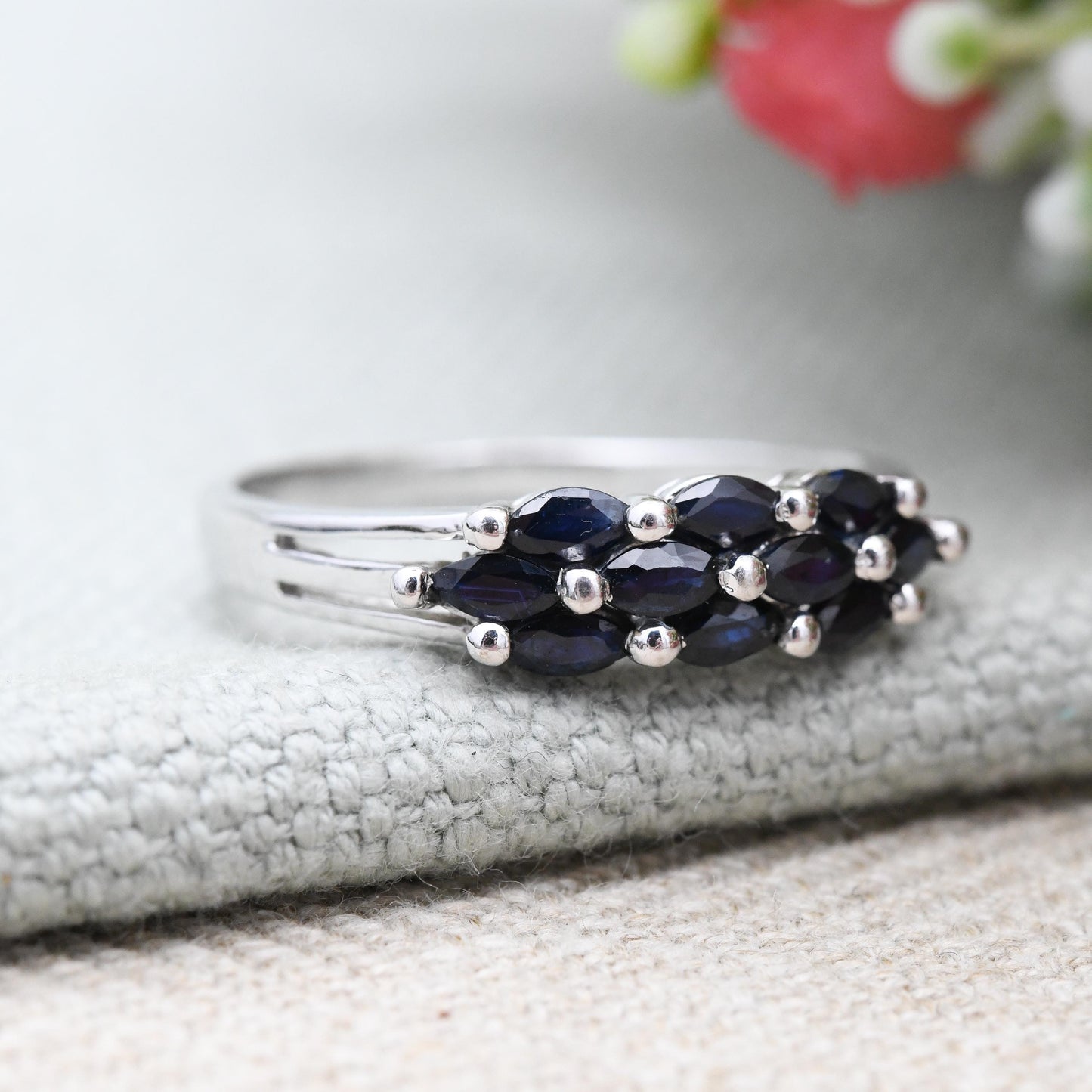 9ct White Gold Sapphire Ring 2001 Marquise Cut Cluster - QVC Faceted Blue Gemstone Ring | Gift for Her | UK Size - W | US Size - 11