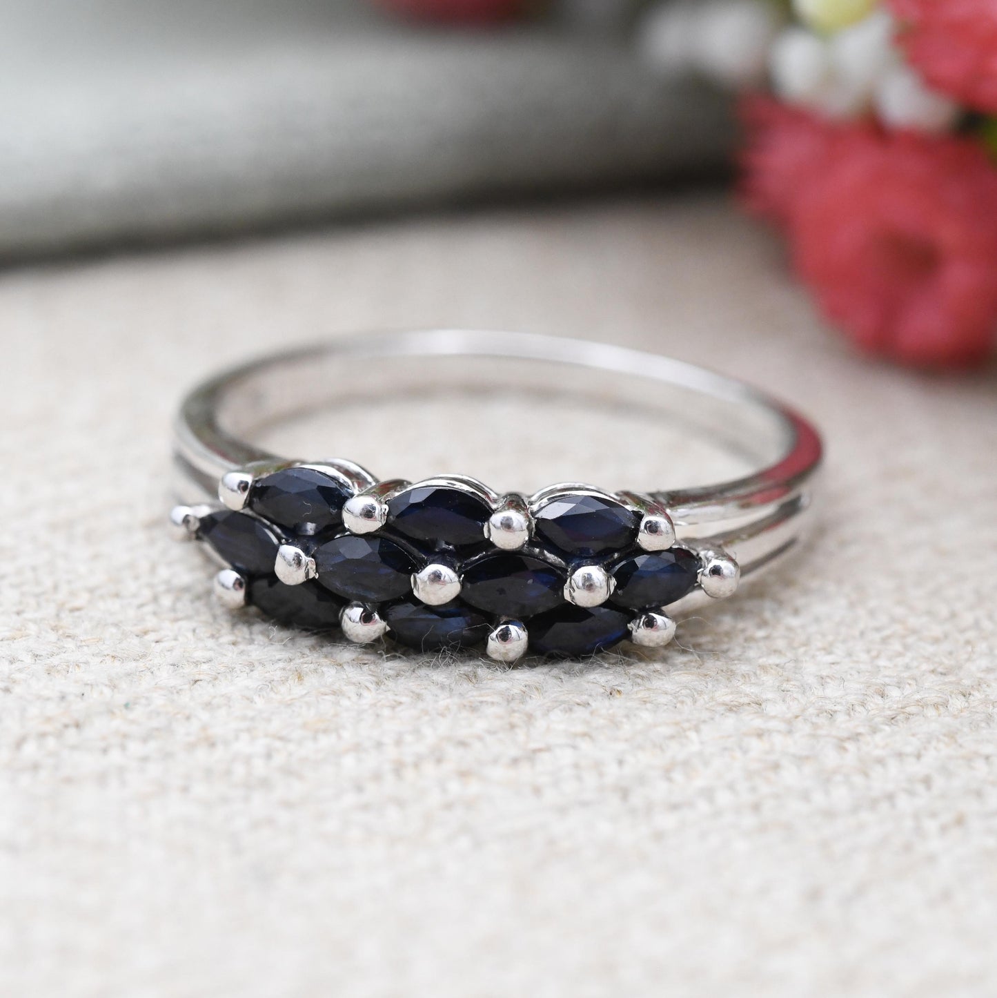 9ct White Gold Sapphire Ring 2001 Marquise Cut Cluster - QVC Faceted Blue Gemstone Ring | Gift for Her | UK Size - W | US Size - 11