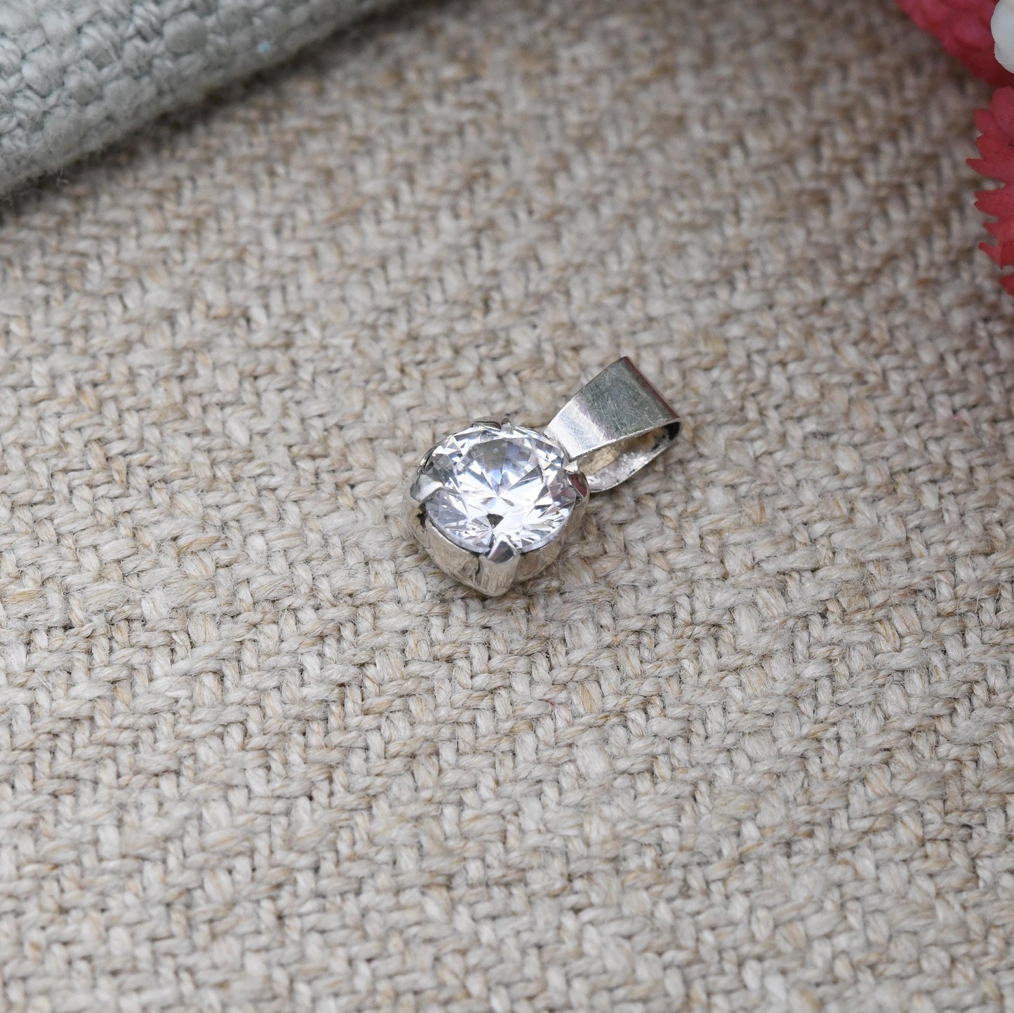 Vintage Sterling Silver CZ Solitaire Pendant 1983 MM - Small Sparkly Pendant Charm for Charm Necklace | Large Clear Stone