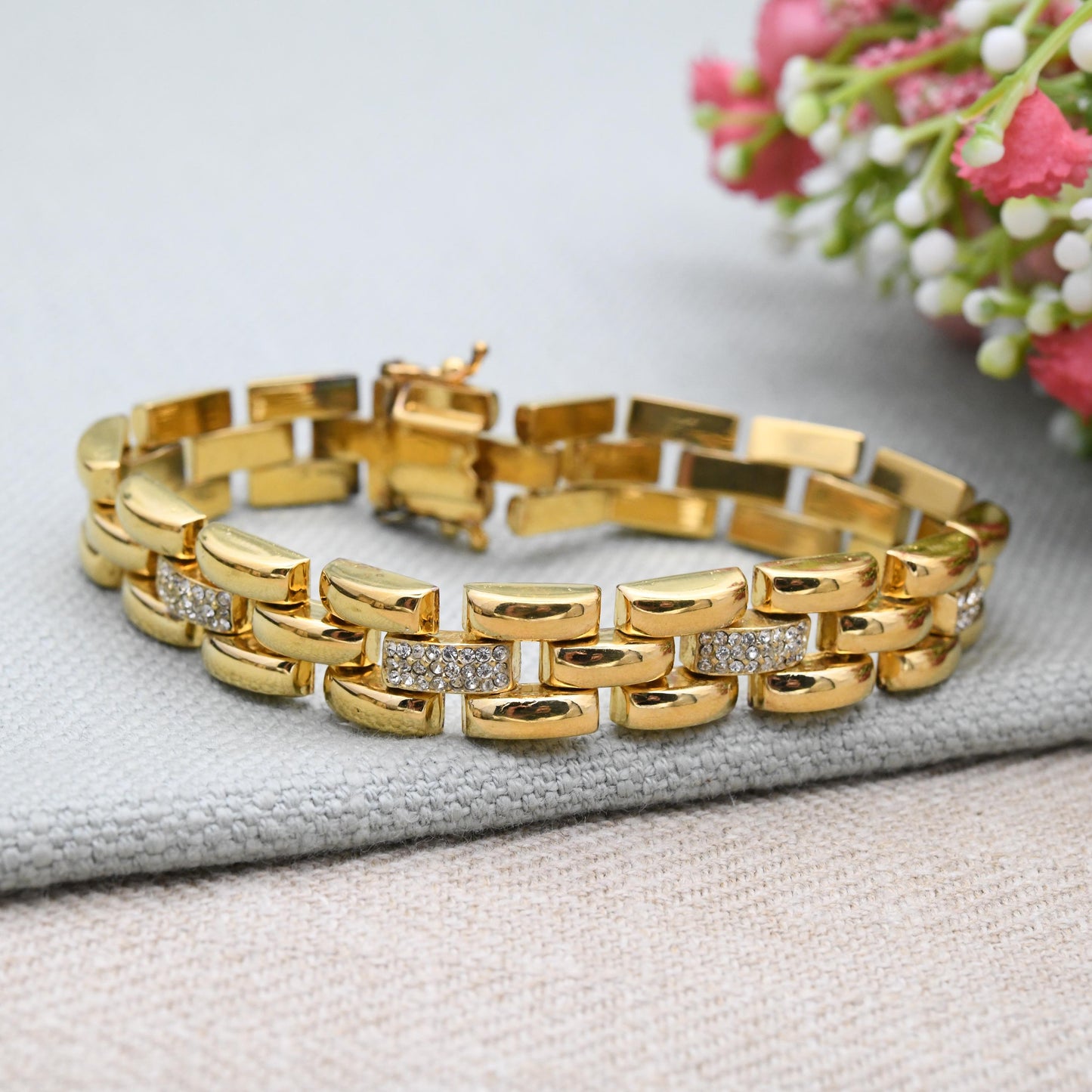 Italian Gold Plated Sterling Silver Bracelet with Clear Stones - Chunky Rounded Gate Link Yellow Gold Unisex Statement Jewellery Gift Large
