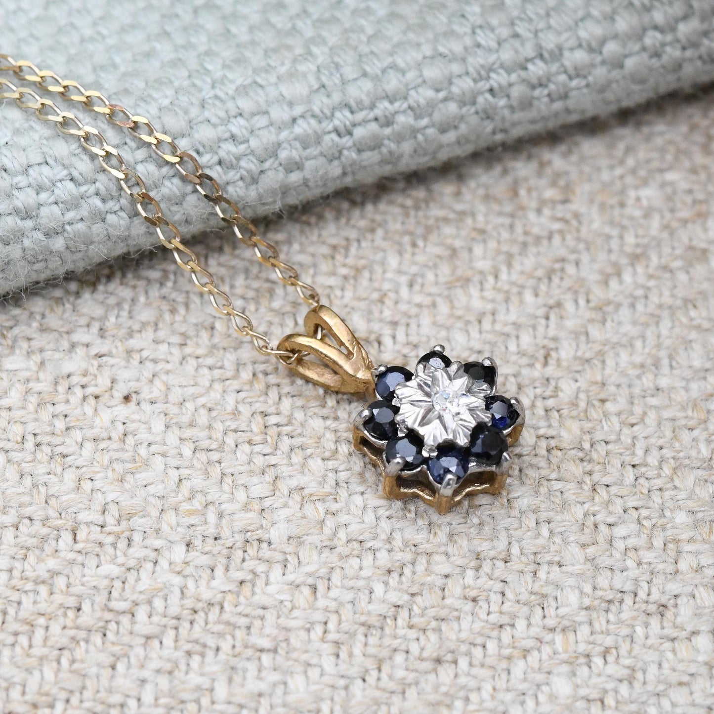Vintage 9ct Gold Sapphire and Diamond Pendant Necklace Floral Halo 1989 - Mid-Century Miniature Gemstone Charm on a Trace Chain Blue & White