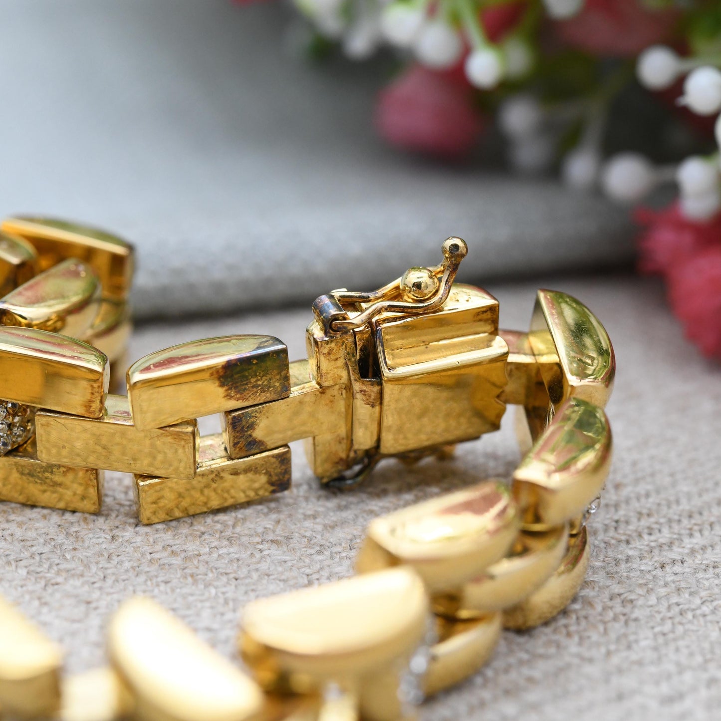 Italian Gold Plated Sterling Silver Bracelet with Clear Stones - Chunky Rounded Gate Link Yellow Gold Unisex Statement Jewellery Gift Large