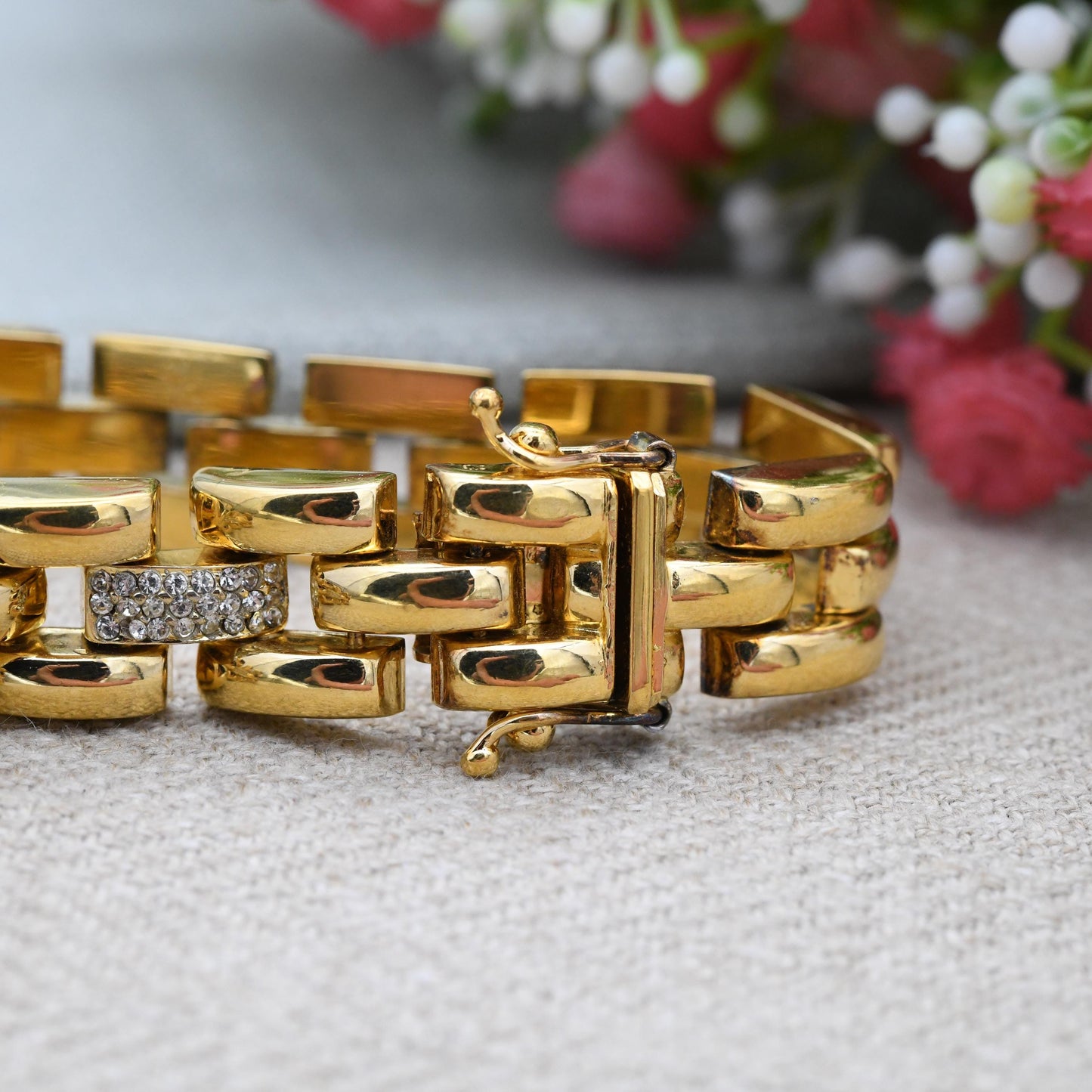 Italian Gold Plated Sterling Silver Bracelet with Clear Stones - Chunky Rounded Gate Link Yellow Gold Unisex Statement Jewellery Gift Large