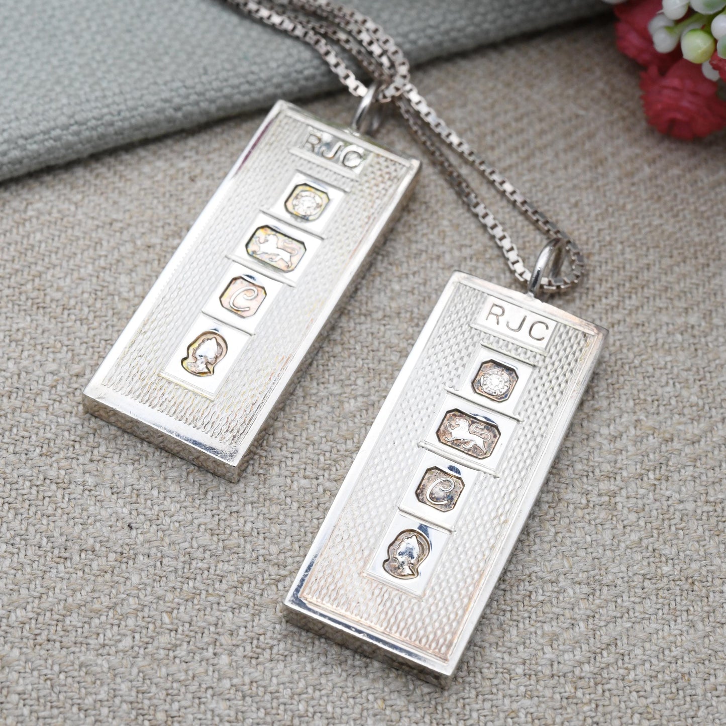Vintage Sterling Silver Ingot Pendant Necklace 1977 Queen Elizabeth II Silver Jubilee Stamp Pair by RJC - Sheffield Hallmark | on Box Chain