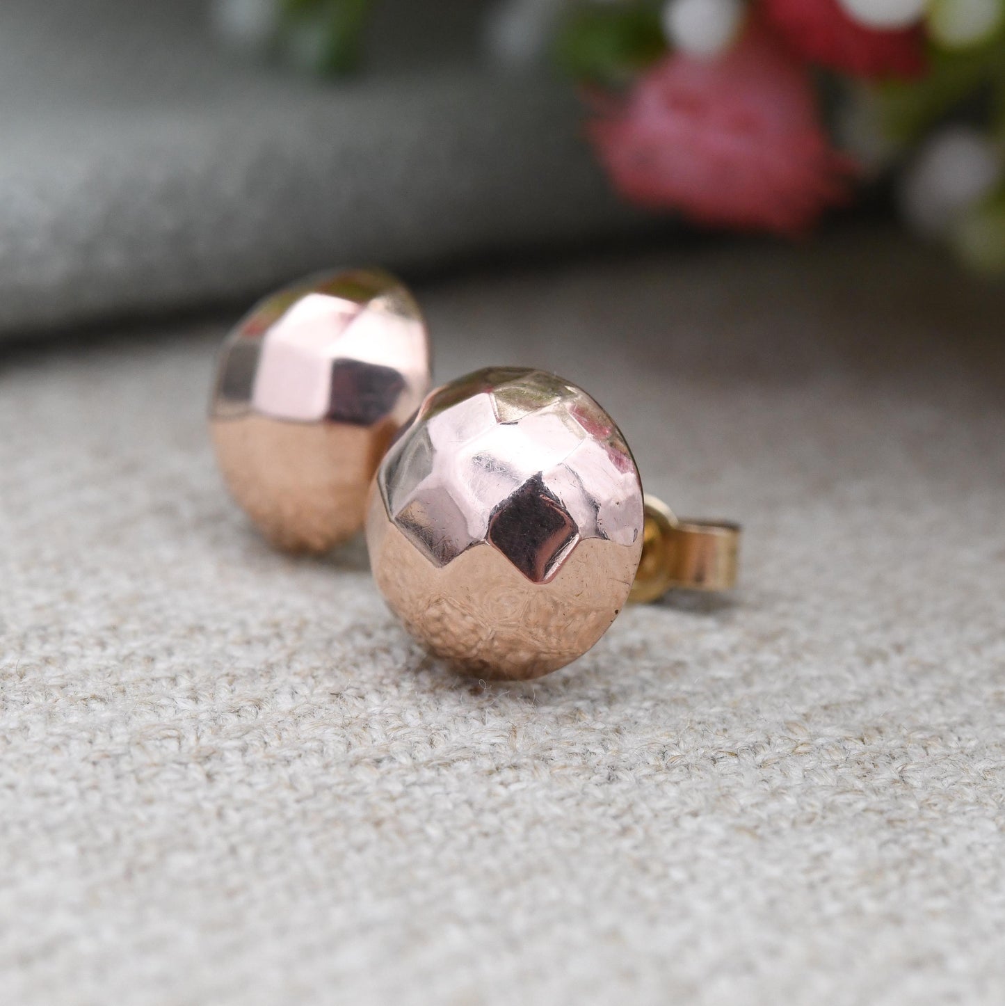 Vintage Rose Gold Fronted Faceted Ball Stud Earrings c. 1950s 1960s - Mid-Century Large Round Studs | Gift for Her | Butterfly Backs