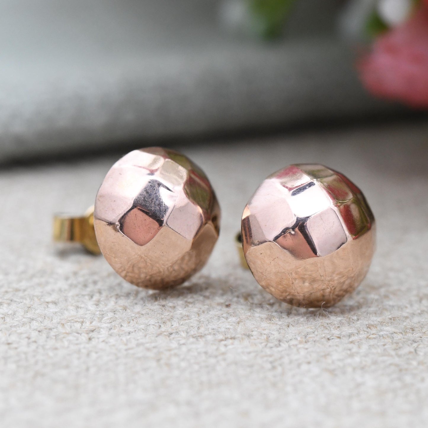 Vintage Rose Gold Fronted Faceted Ball Stud Earrings c. 1950s 1960s - Mid-Century Large Round Studs | Gift for Her | Butterfly Backs