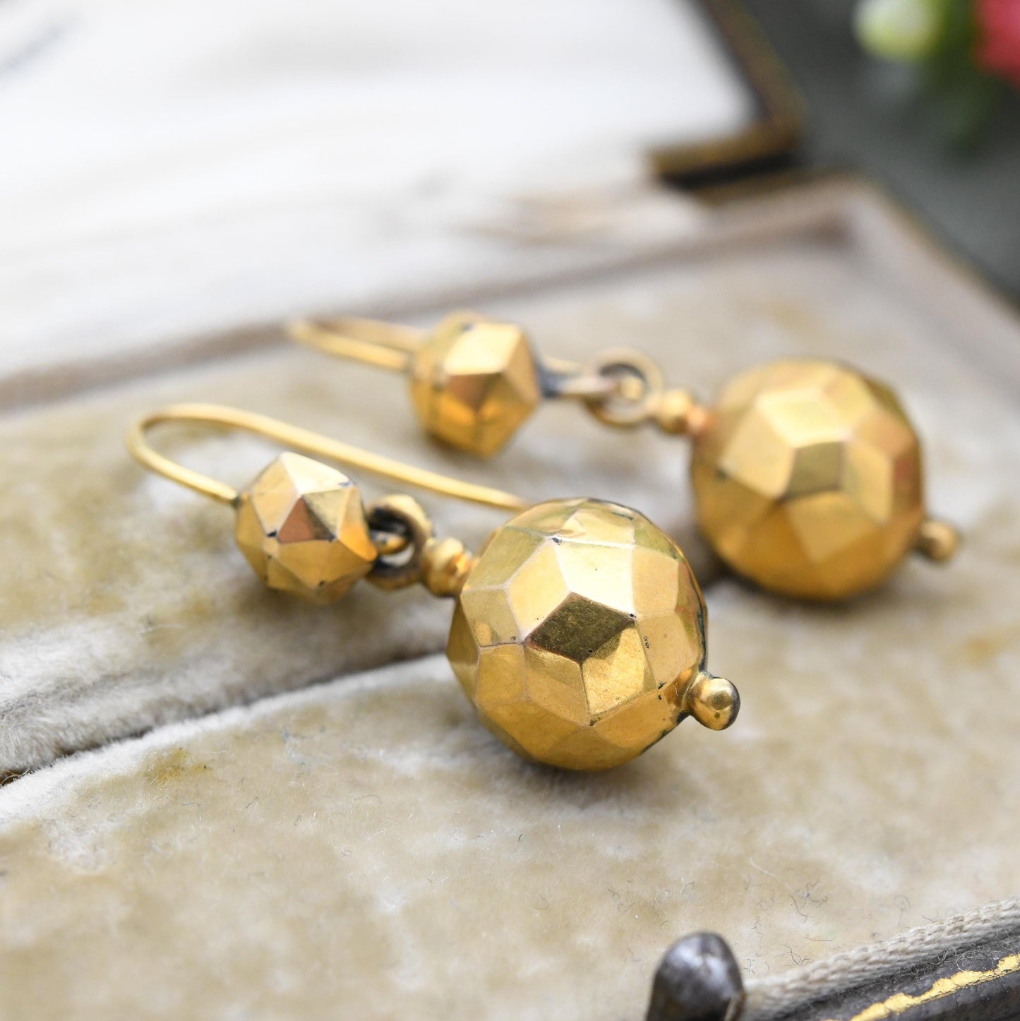 Antique Rolled Gold Faceted Ball Drop Earrings with Hook Wire - Early 20th Century Yellow Gold Tone Jewellery | Chunky Statement Earrings
