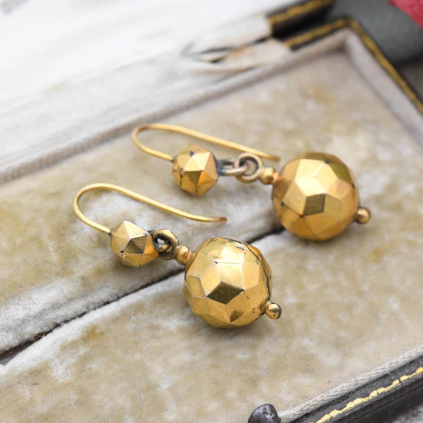 Antique Rolled Gold Faceted Ball Drop Earrings with Hook Wire - Early 20th Century Yellow Gold Tone Jewellery | Chunky Statement Earrings